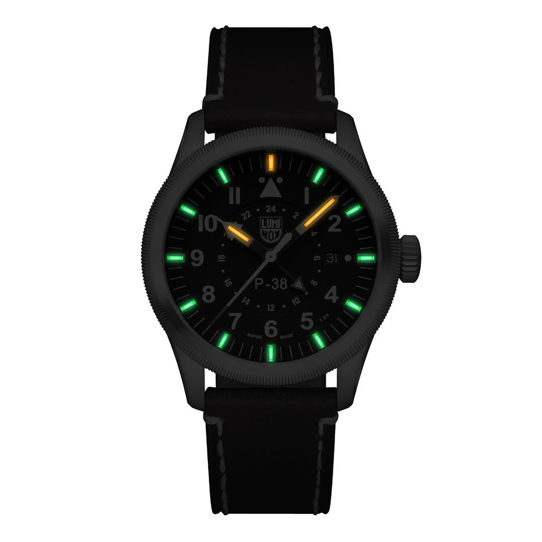 Luminox Air Pilot P-38 Lightning GMT Schwarzes Zifferblatt Braunes Lederarmband Herren Uhr XA.9521