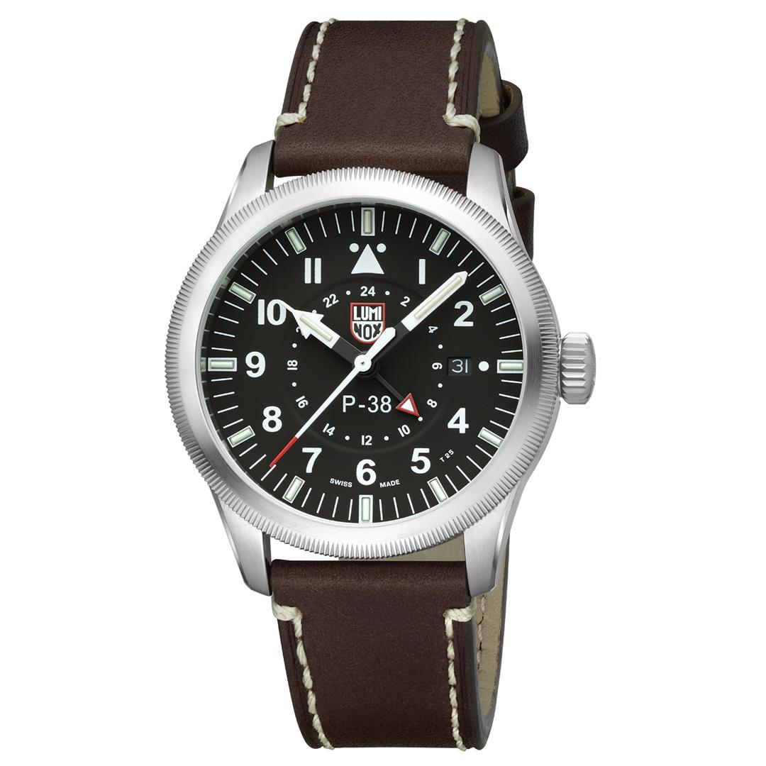 Luminox Air Pilot P-38 Lightning GMT Schwarzes Zifferblatt Braunes Lederarmband Herren Uhr XA.9521