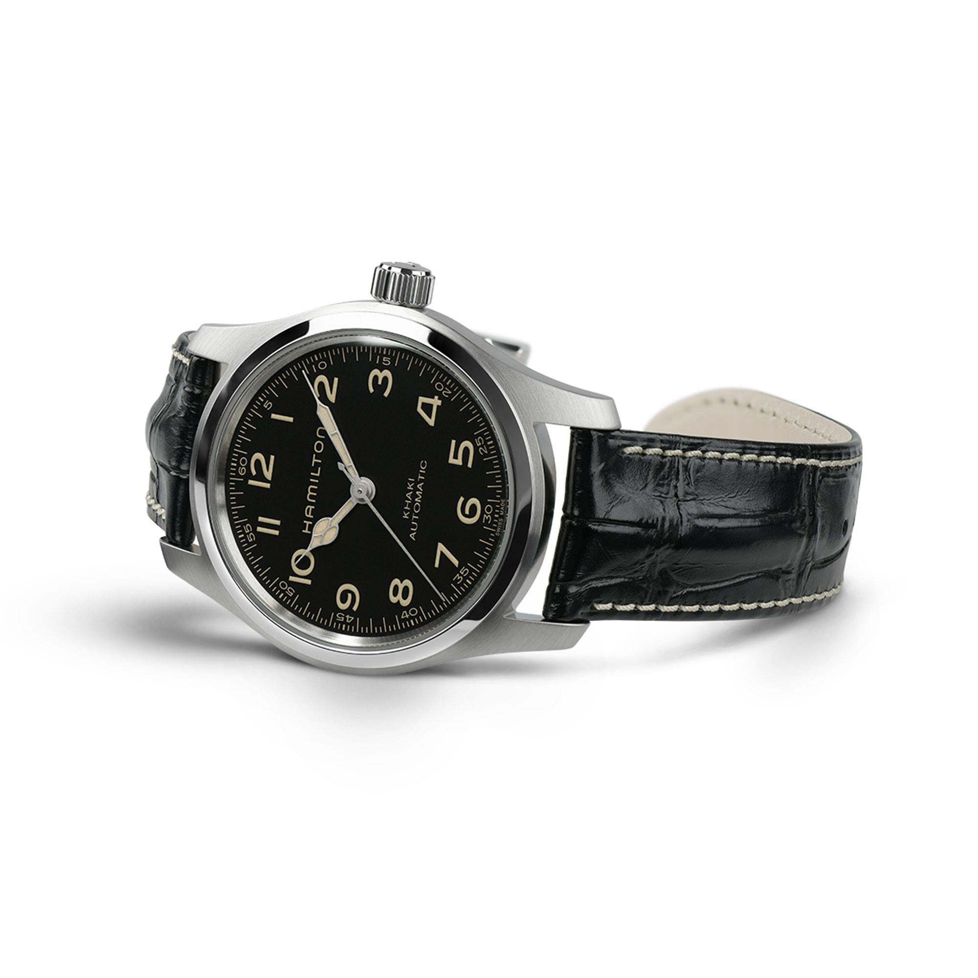 Hamilton Khaki Field H70605731 42mm watch with black dial and leather strap on a white background