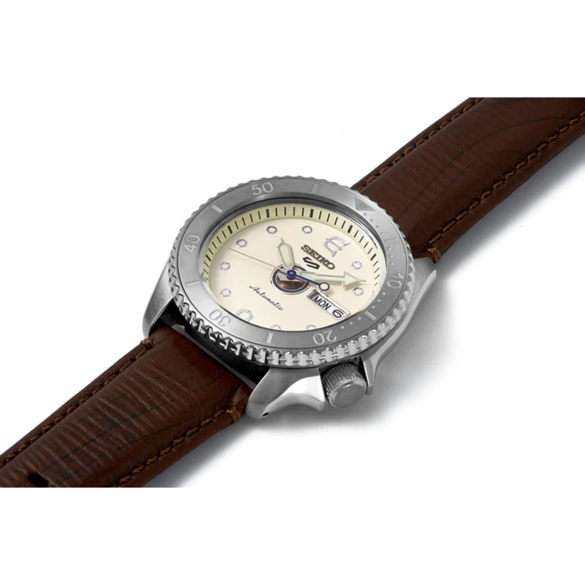Seiko 5 Sports Evisen Skateboard Limited Edition Automatic Cream Dial Leather Strap Men's Watch SRPF93K1