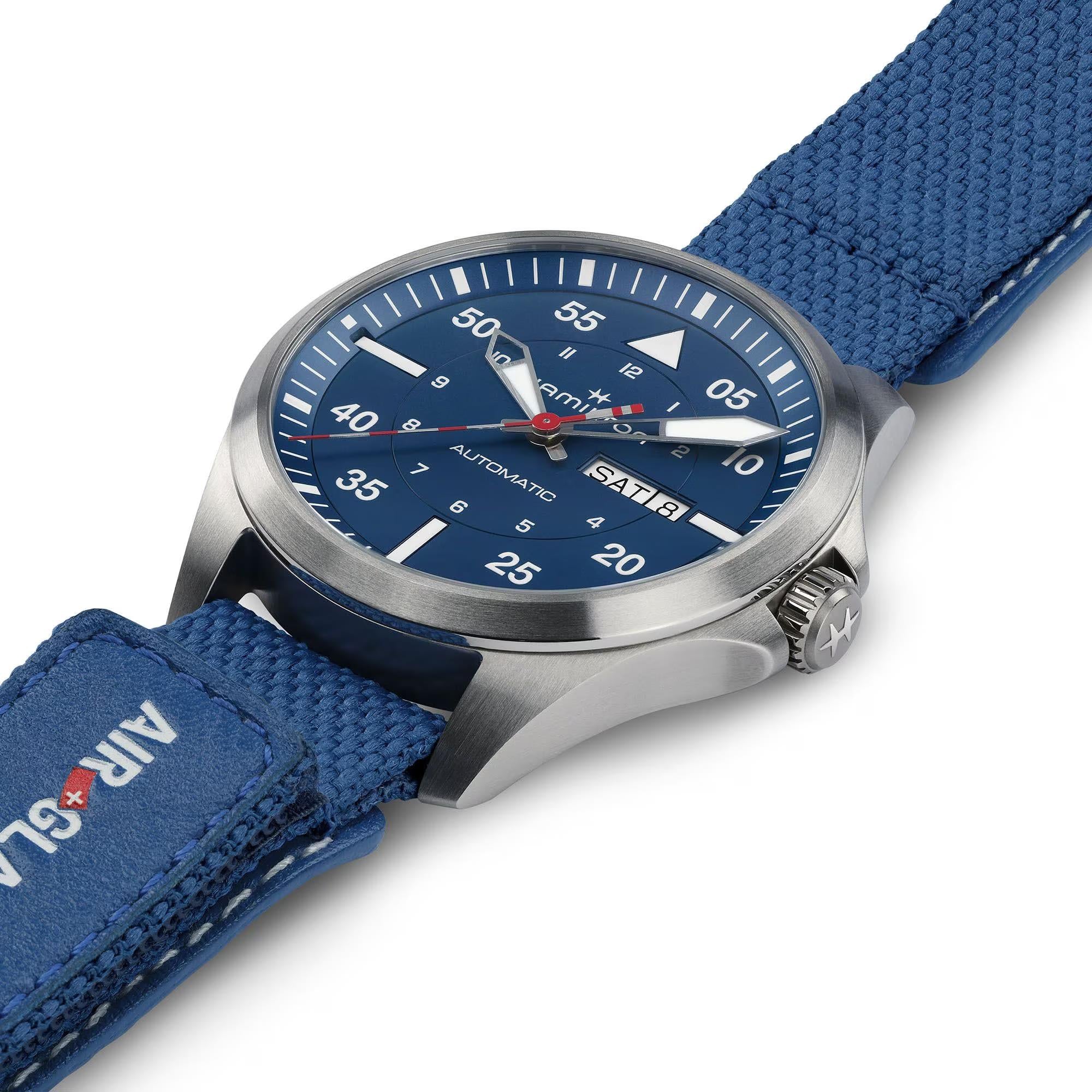 Hamilton Khaki Aviation H64655941 42mm lightweight titanium case with blue strap side profile