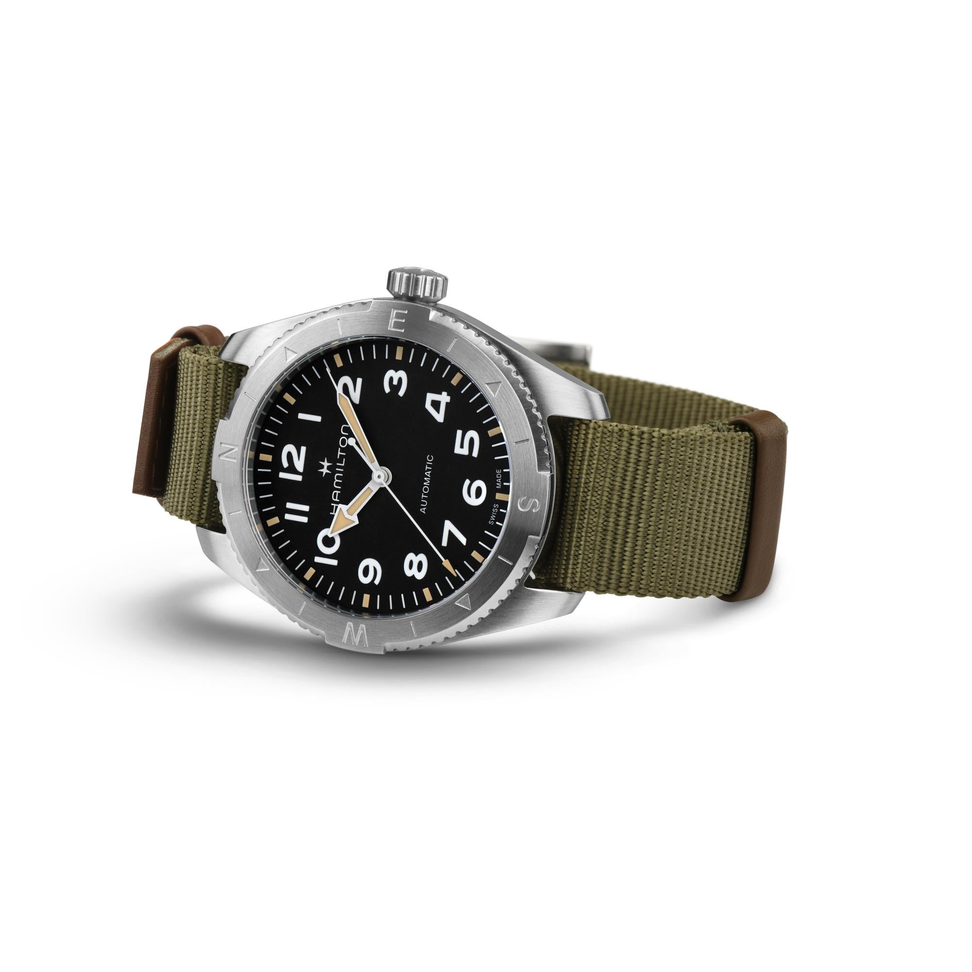 Hamilton Khaki Field Expedition watch with a green NATO strap