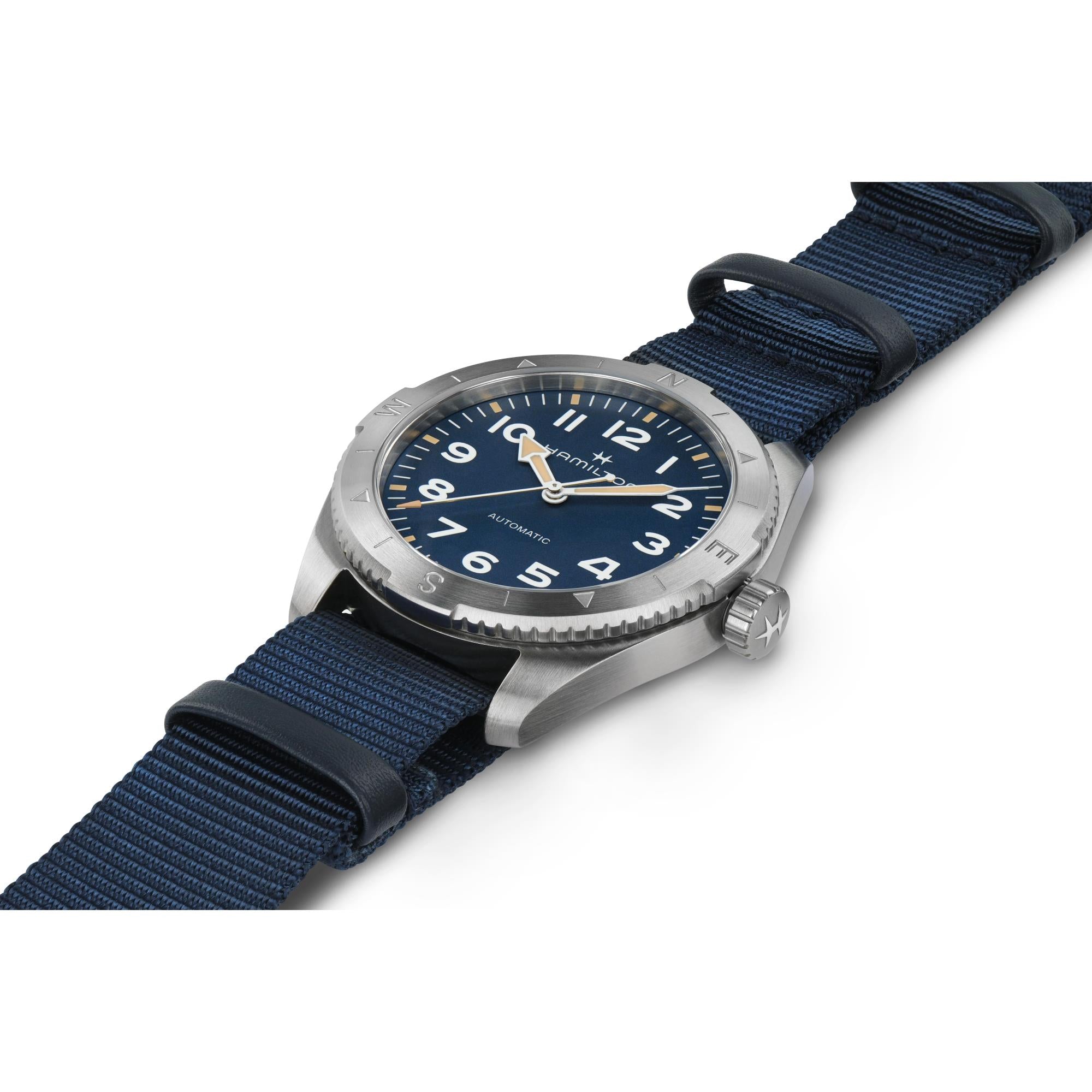 Hamilton Khaki Field H70315940 compass-style bezel and screw-down crown detail