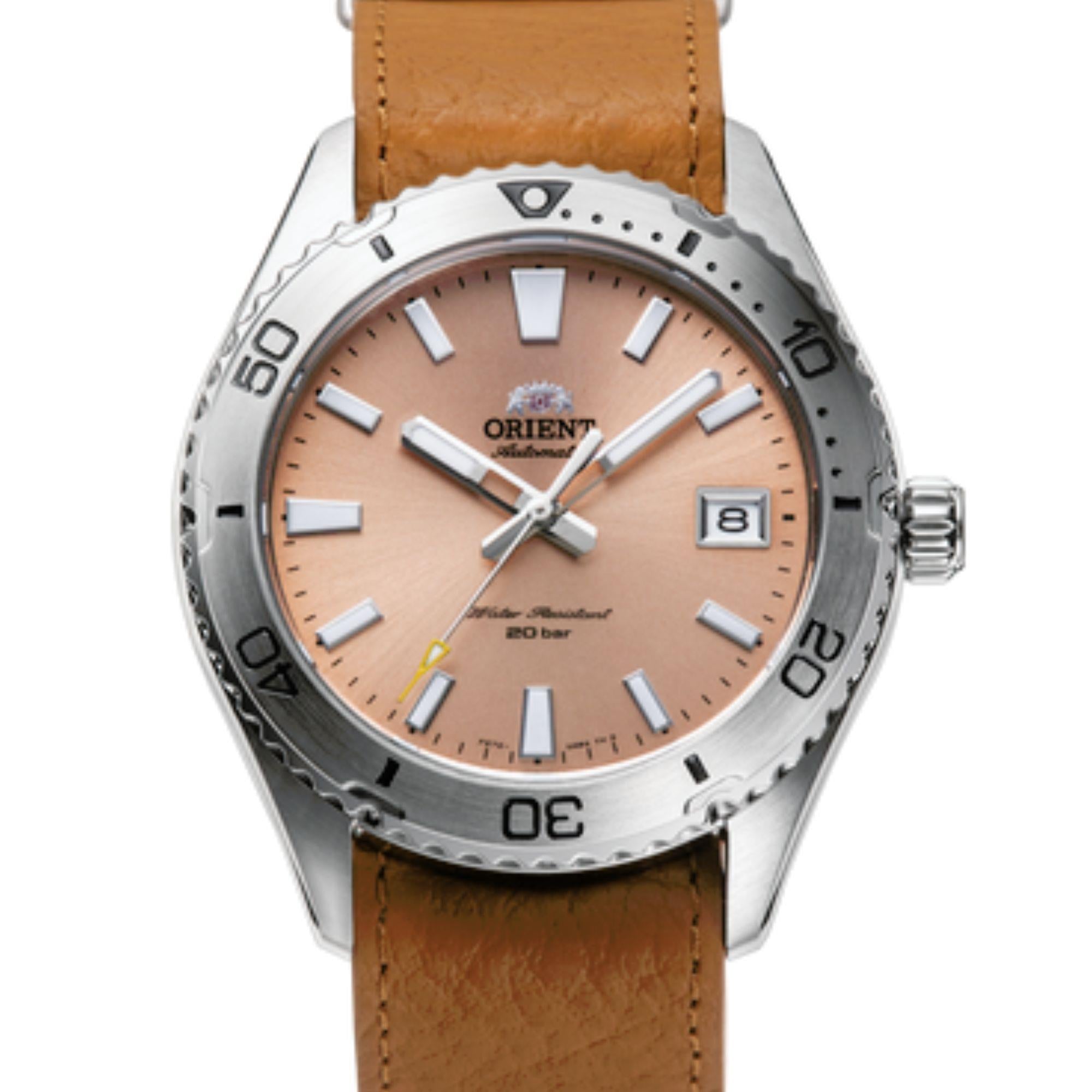 Orient Mako 40mm Orange Dial Leather Mens Automatic Watch RA-AC0Q05P10B