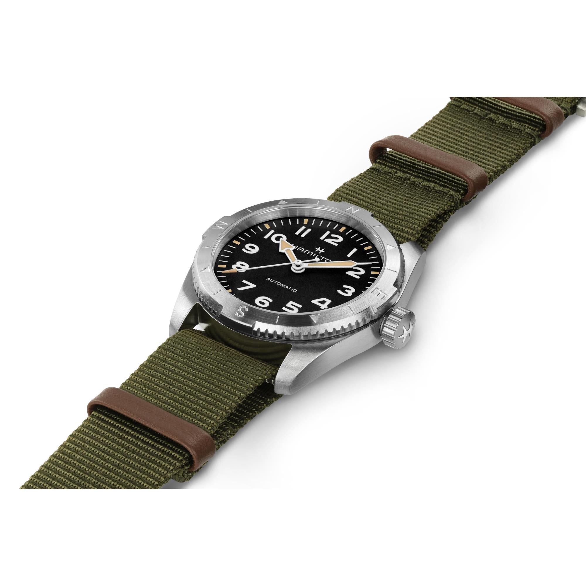 Close-up diagonal view of a Hamilton Khaki Field Expedition automatic watch