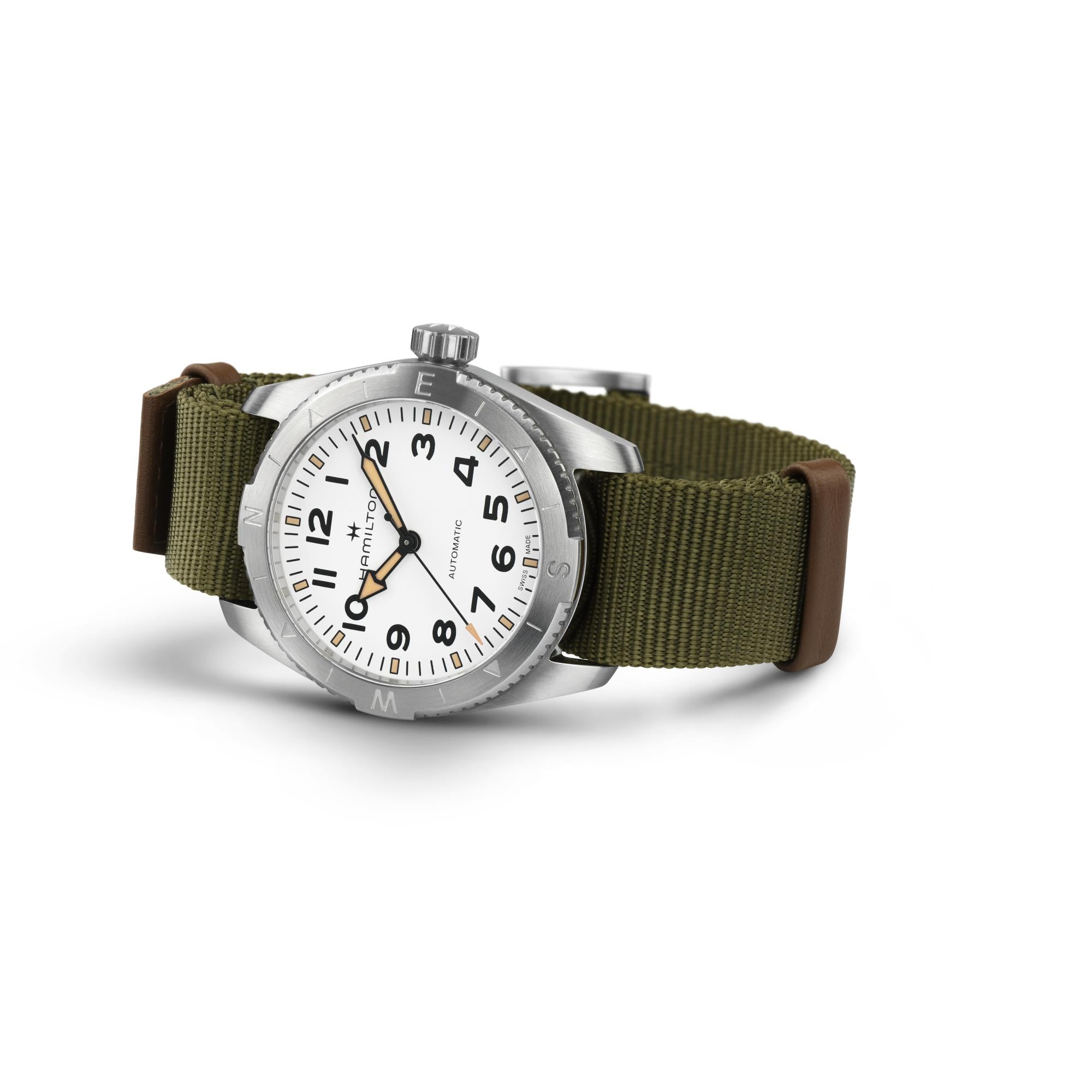 Hamilton Khaki Field 37mm automatic watch with a stainless steel case and green NATO textile strap