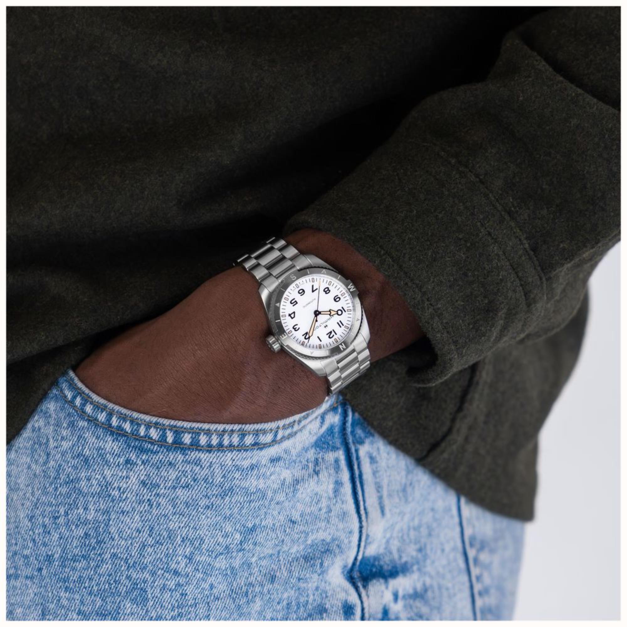 Hamilton Khaki Field Expedition H70225110 37mm white dial automatic watch on wrist