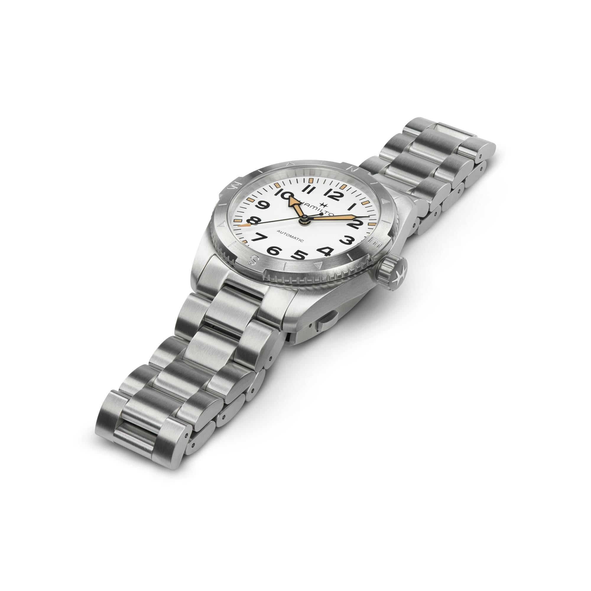 Hamilton H70225110 white dial with Arabic numerals and compass-style bezel