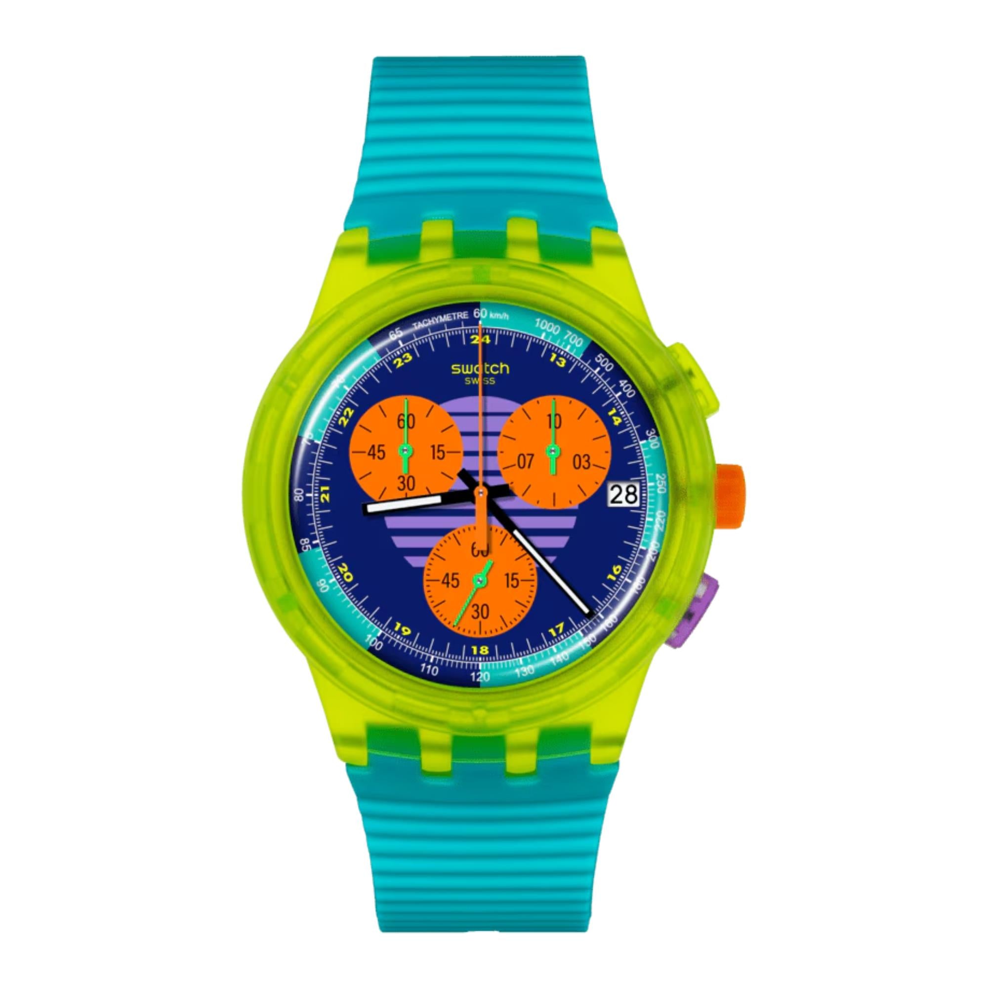 Swatch Neon Wave Mehrfarbig Zifferblatt Chronograph Türkis Silikon Uhr SUSJ404
