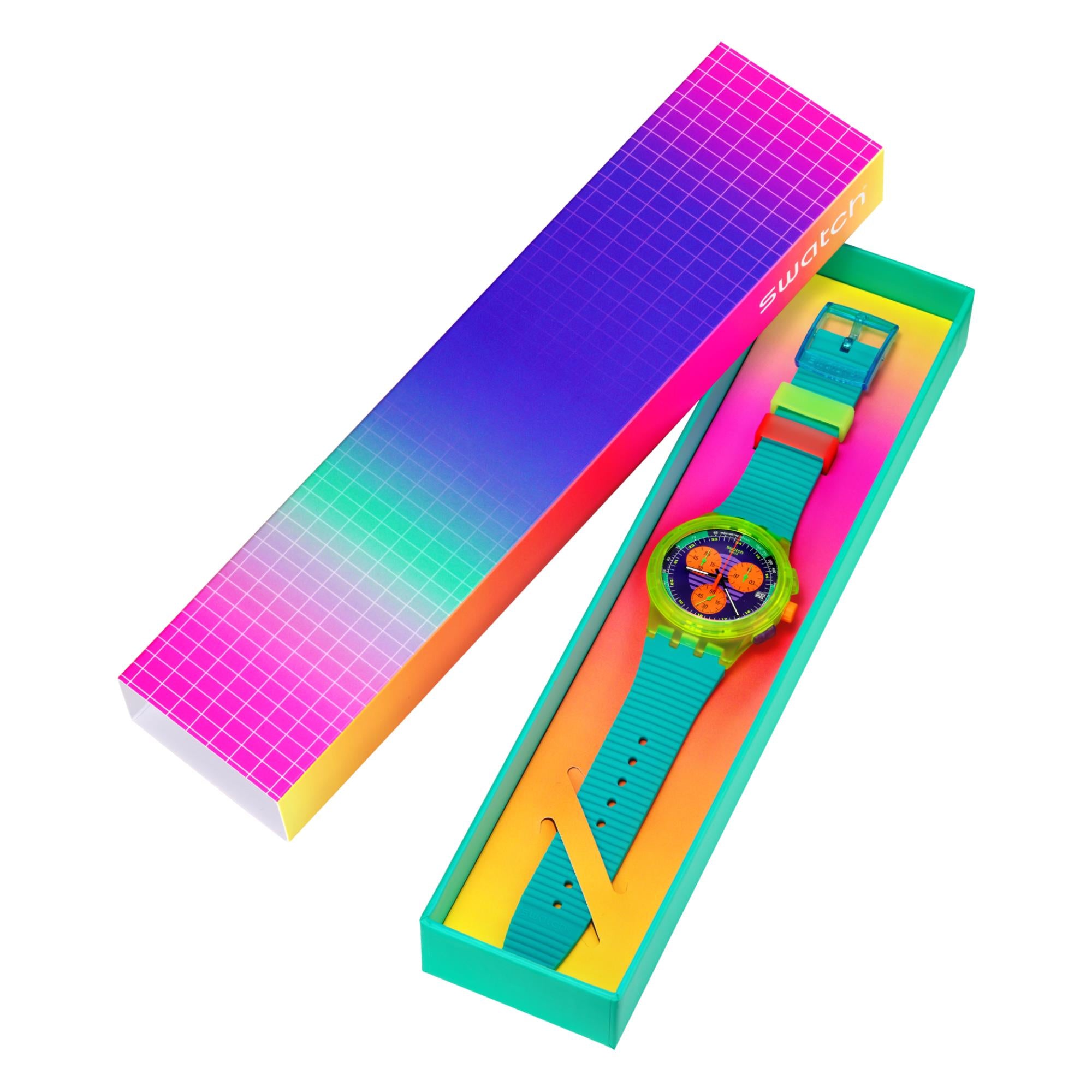 Swatch Neon Wave Mehrfarbig Zifferblatt Chronograph Türkis Silikon Uhr SUSJ404