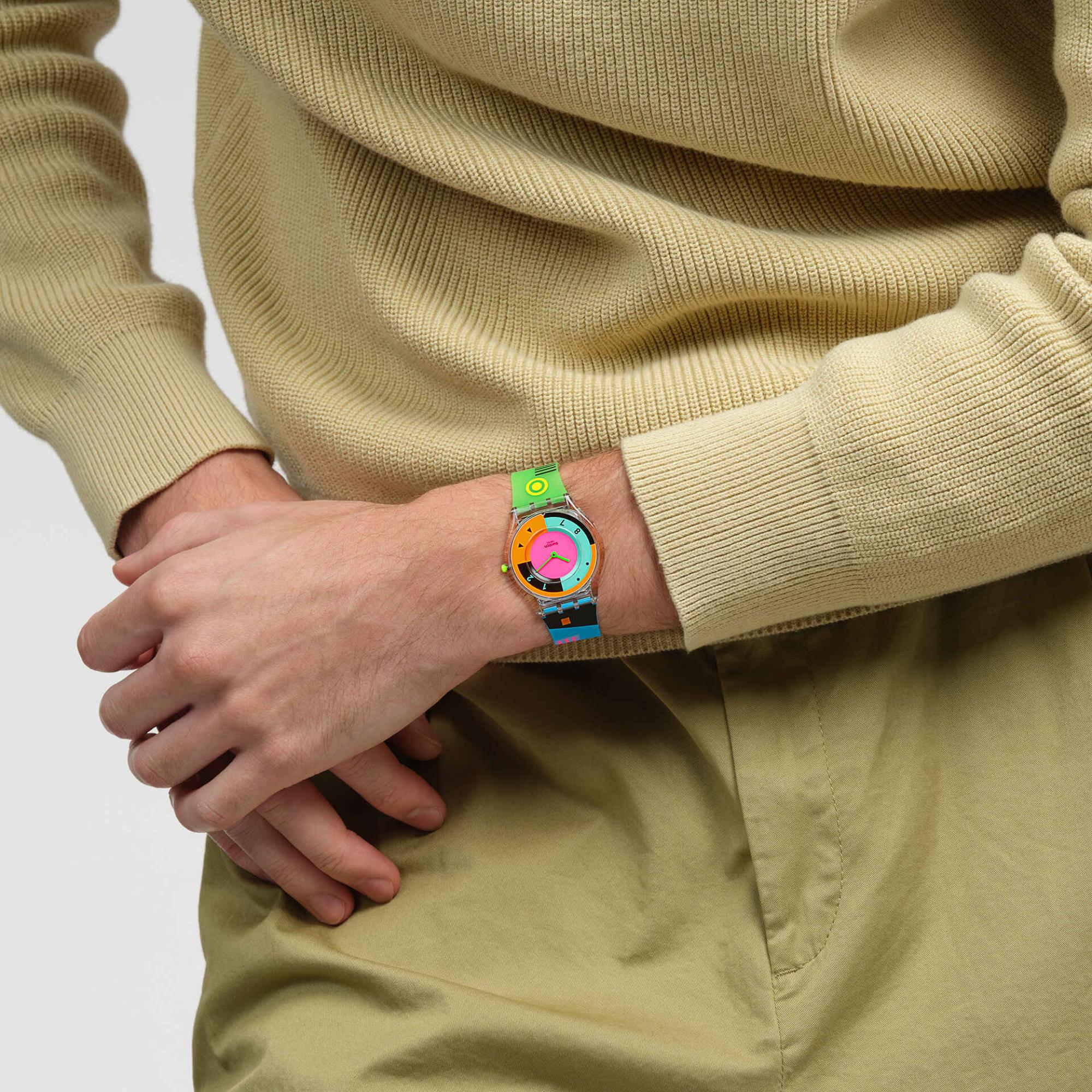 Swatch Neon Hot Racer Multi-coloured Dial Transparent Silicone Strap Watch SS08K119