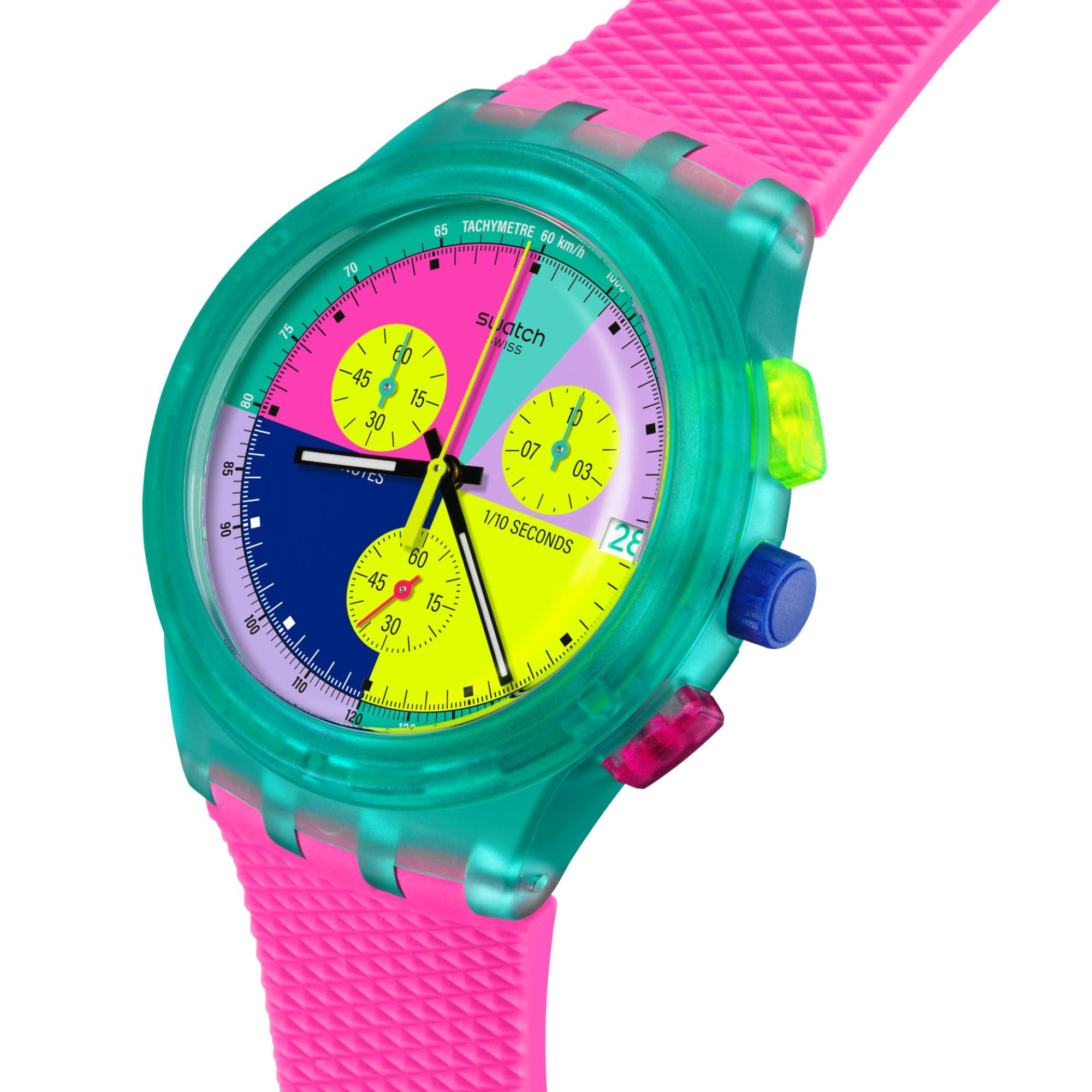 Swatch Neon Flash Arrow Chronograph Multicolour Dial Pink Silicone Watch SUSG408