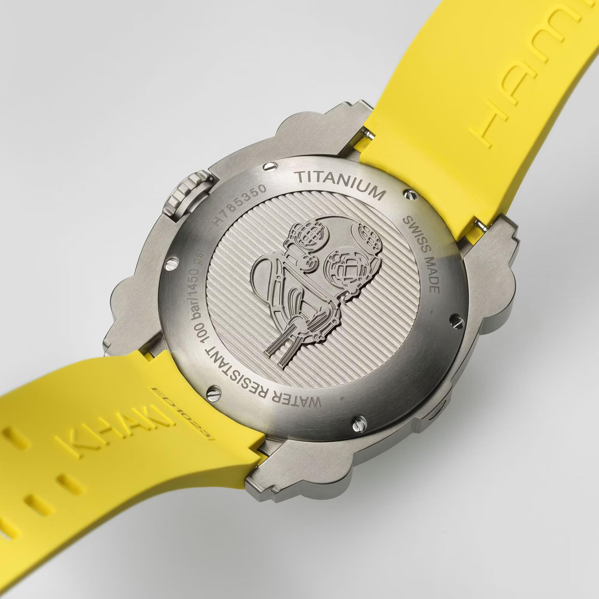 Hamilton watch Titanium caseback with a yellow rubber strap