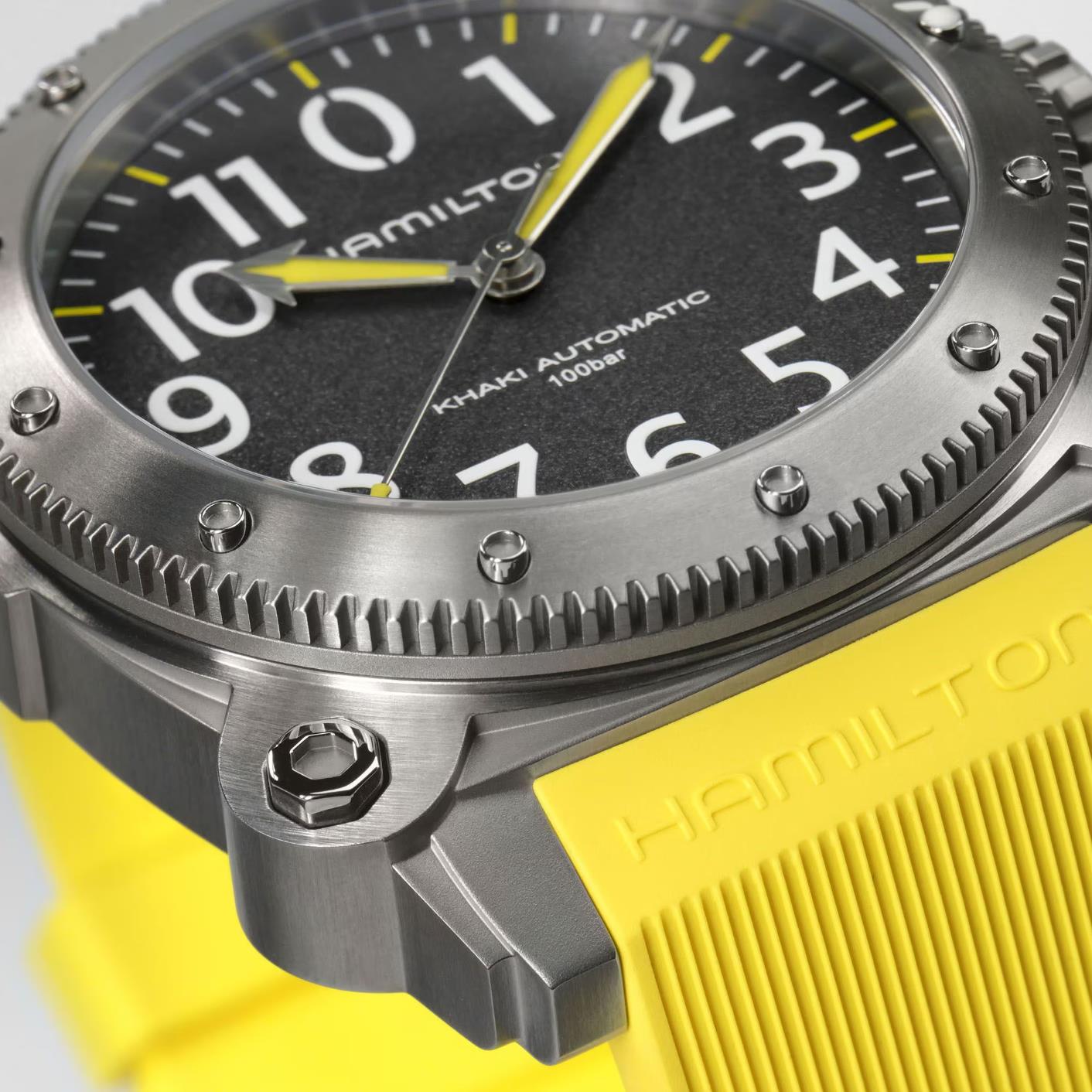Hamilton H78535380 grey brushed instrument dial with luminous hands and markers close-up