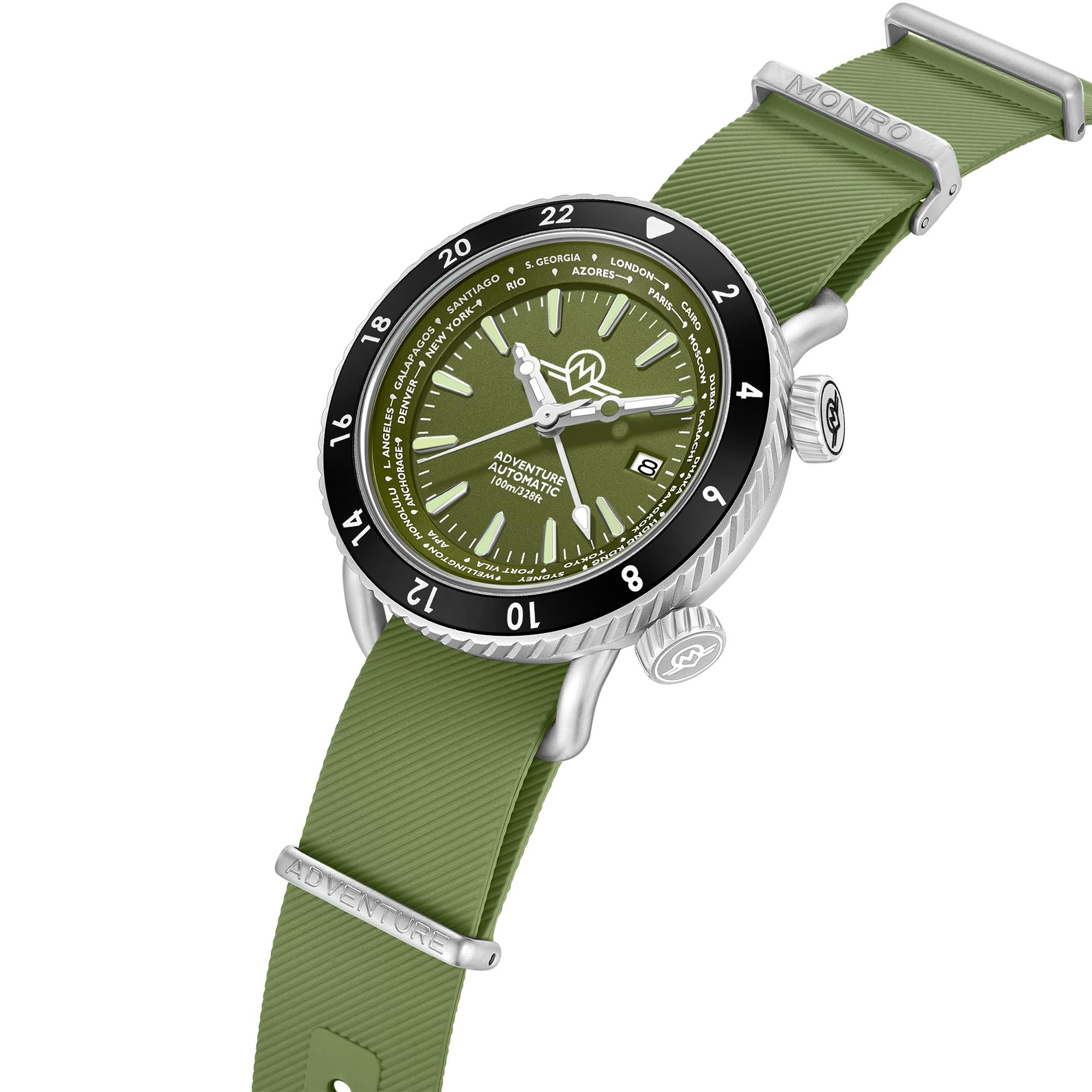Monro Adventure MA-4 green dial watch with dual crowns and textured green rubber strap angled view