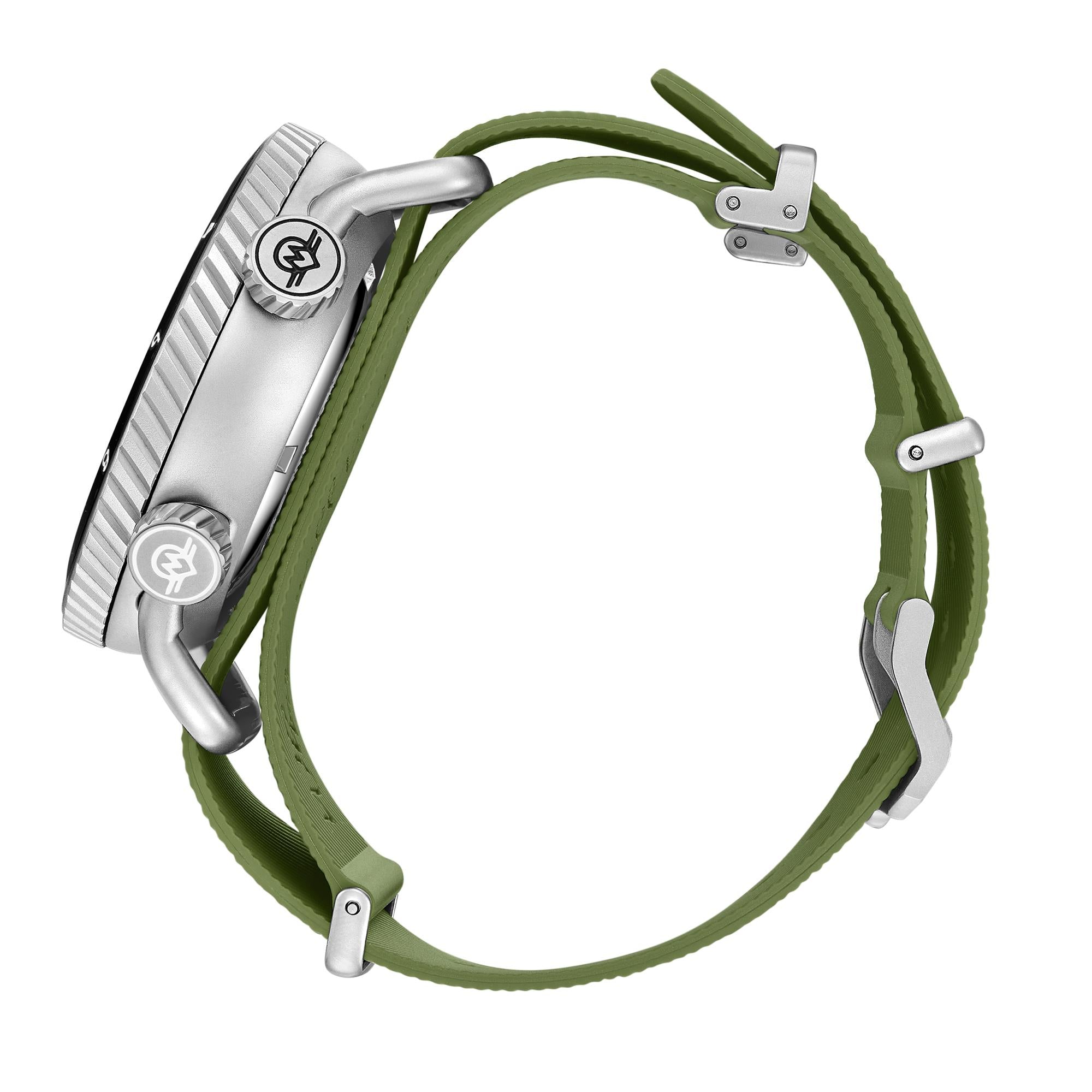 Monro Adventure MA-4 stainless steel case profile with engraved crowns and pass-through strap side view