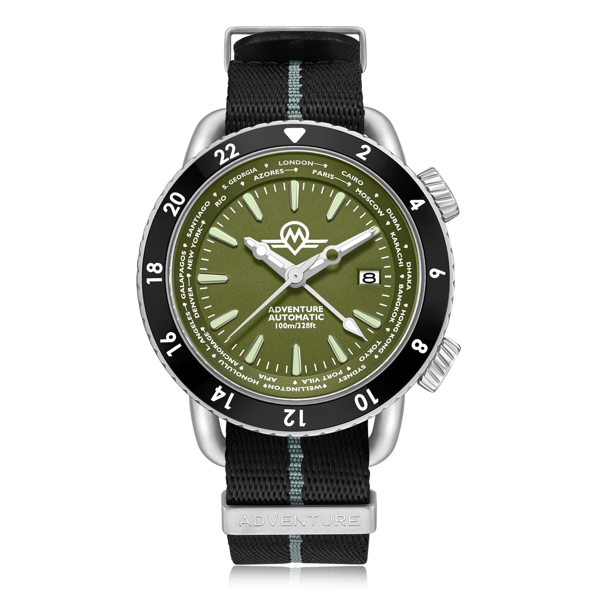 Monro Adventure Automatic Woodland Green dial watch with black and grey striped fabric strap front view