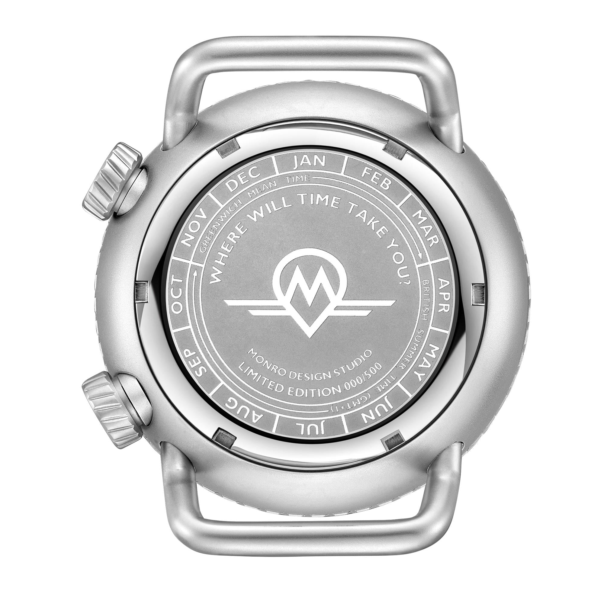 Monro Adventure MA-4 stainless steel caseback with limited edition text and calendar engraving back view