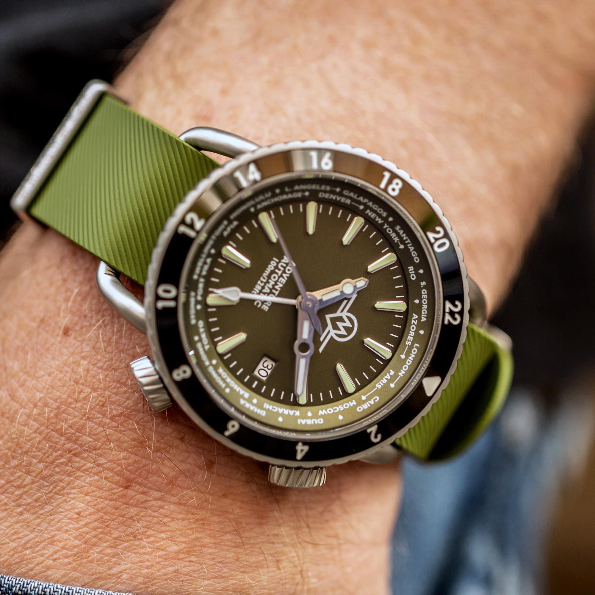 Monro Adventure Woodland Green dial world timer watch MA-4 on a wrist lifestyle view