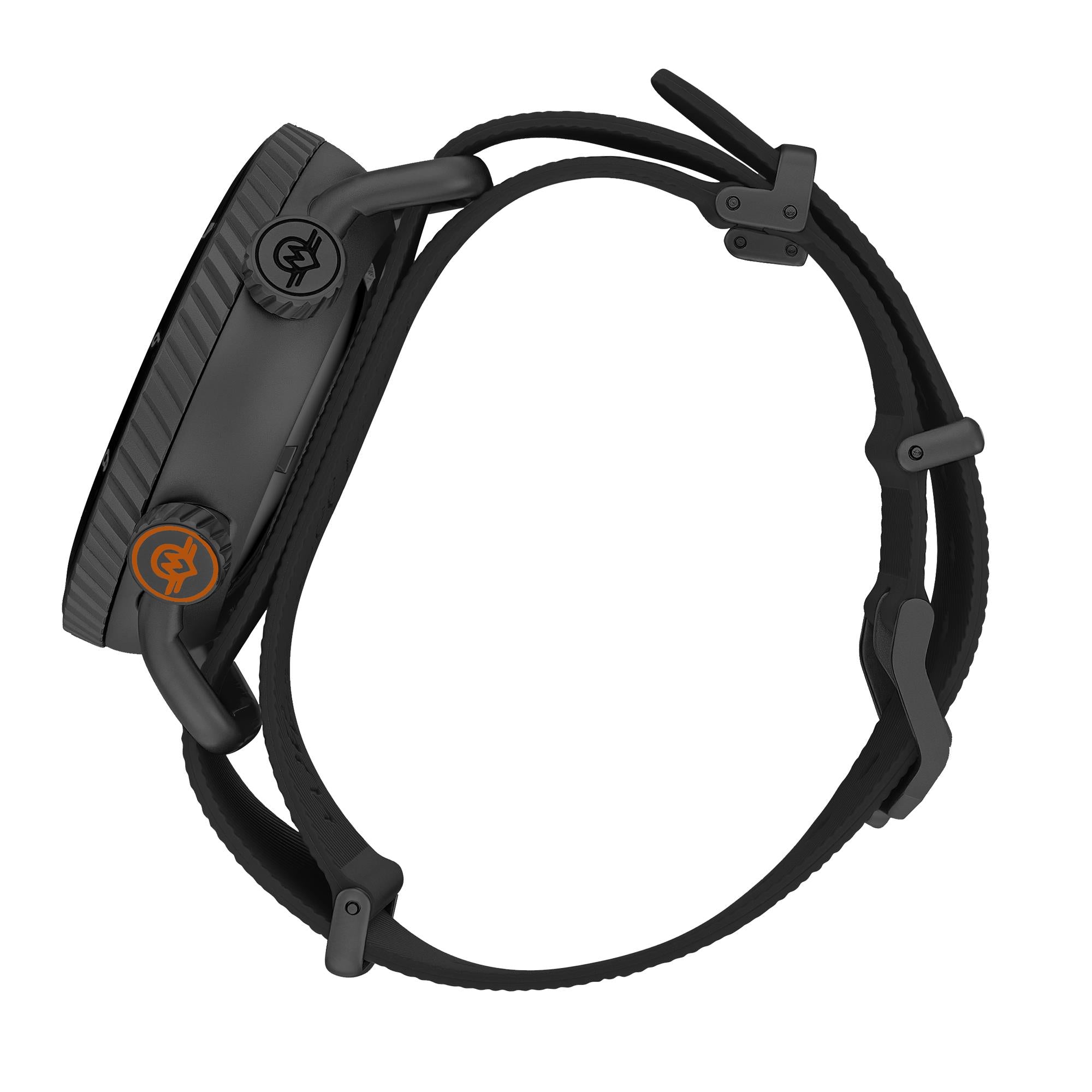 Monro Adventure MA-5 matte black case profile and dual crown layout side view