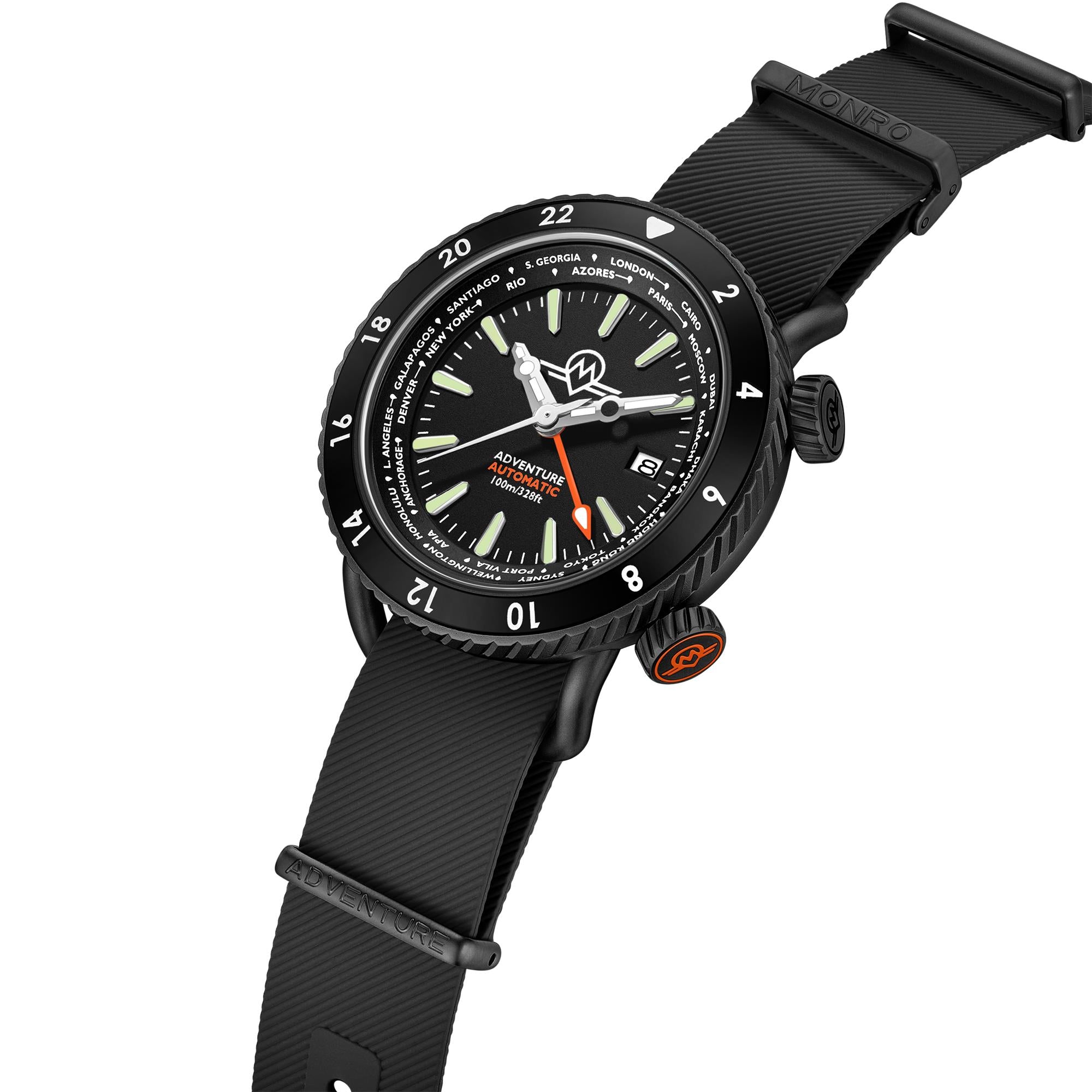 Monro Adventure MA-5 black dial world timer watch with ribbed black rubber strap three-quarter view