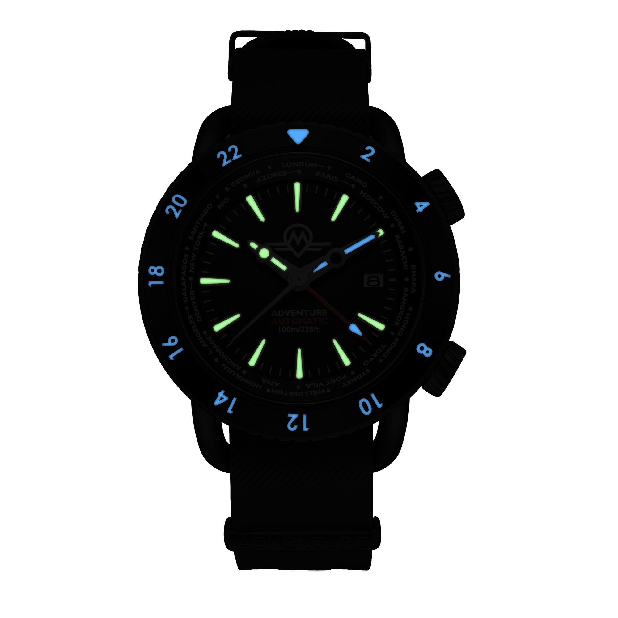 Monro Adventure MA-5 luminous blue 24-hour bezel and green dial markers low-light view