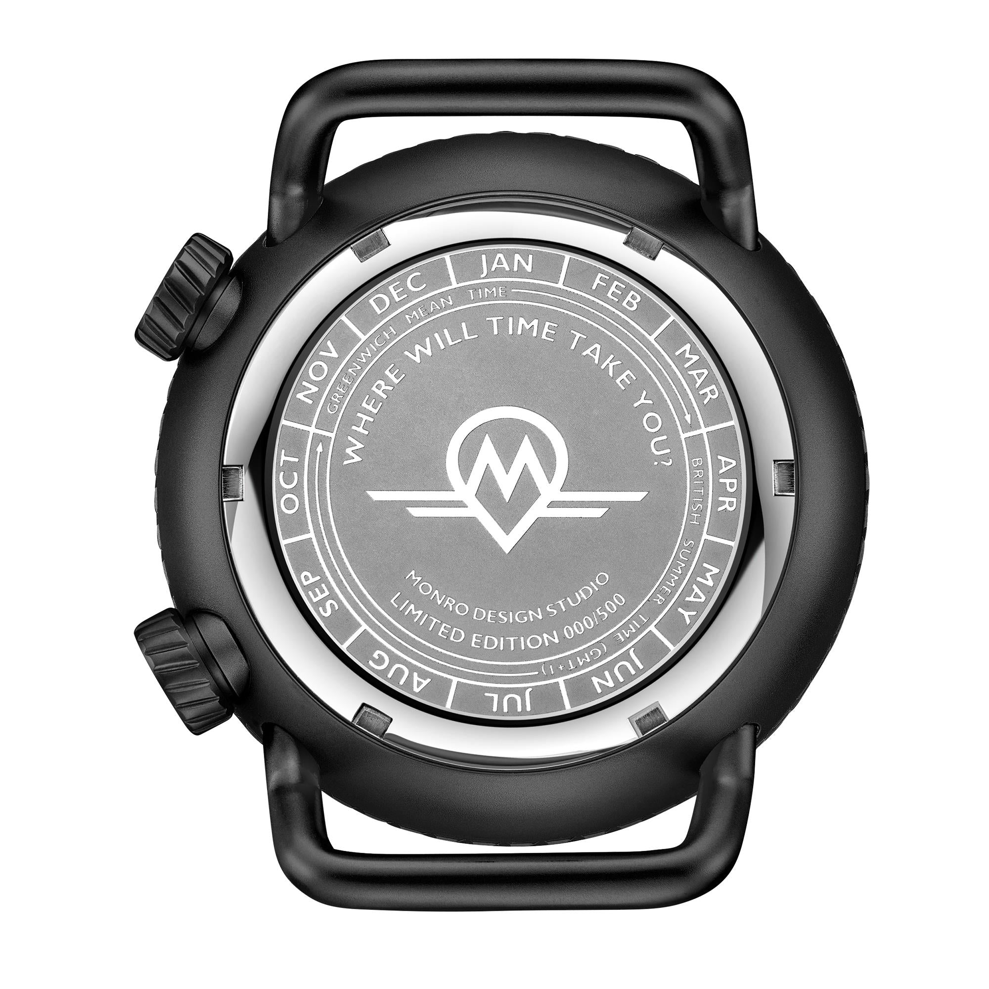 Monro Adventure MA-5 engraved steel caseback showing limited edition markings and GMT time zones