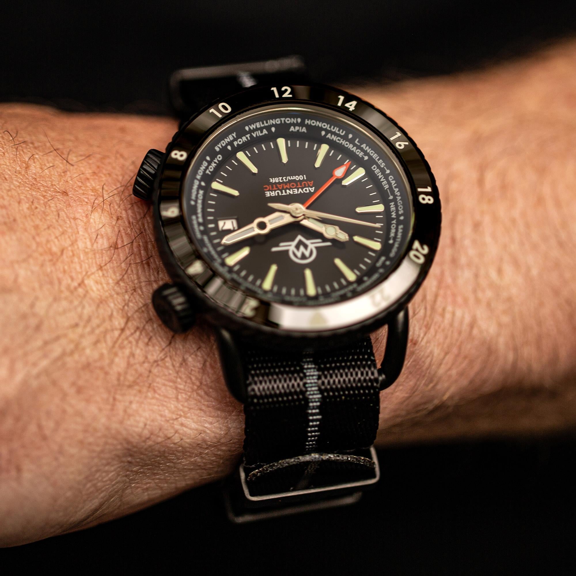 Monro Adventure Automatic Urban Black MA-5 watch on a wrist lifestyle view