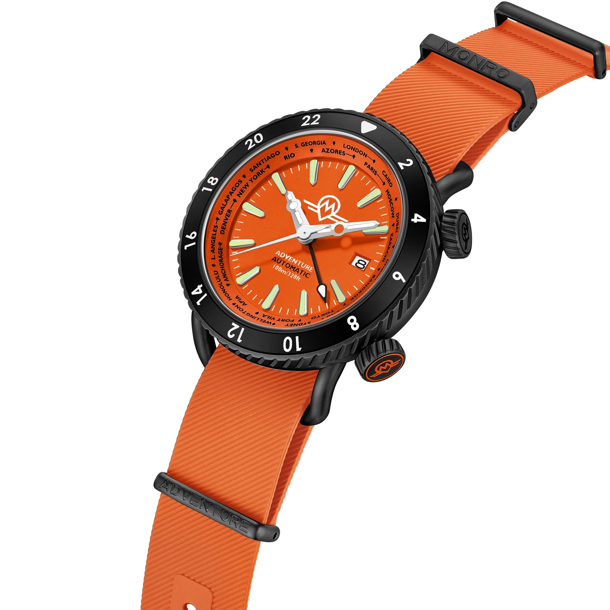 Monro Adventure MA-7 orange dial with inner world time ring and date display angled view