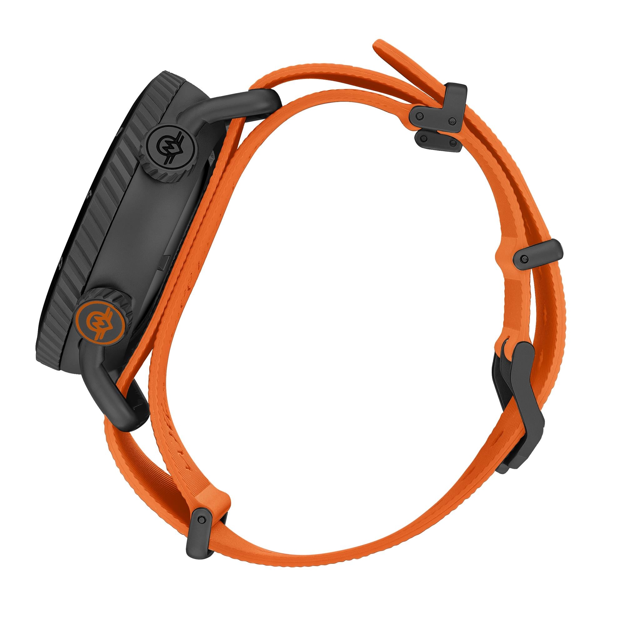 Monro Adventure Night Fire MA-7 black DLC-coated case and dual crown side view