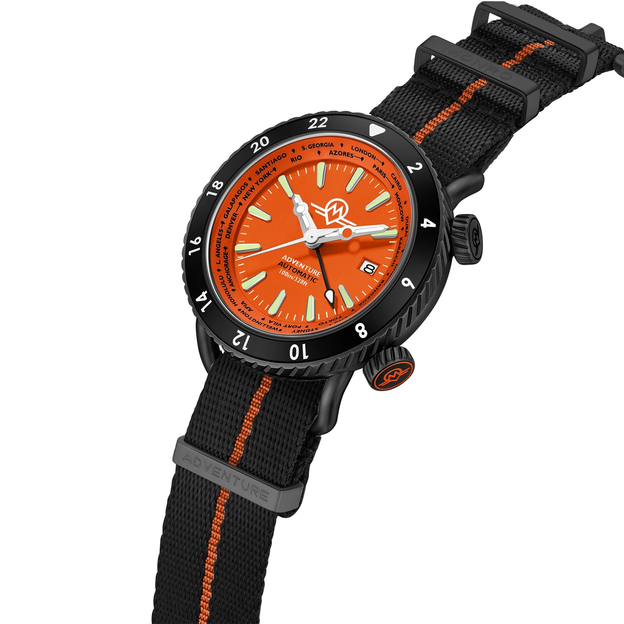 Monro Adventure MA-7 black and orange nylon strap with angled view