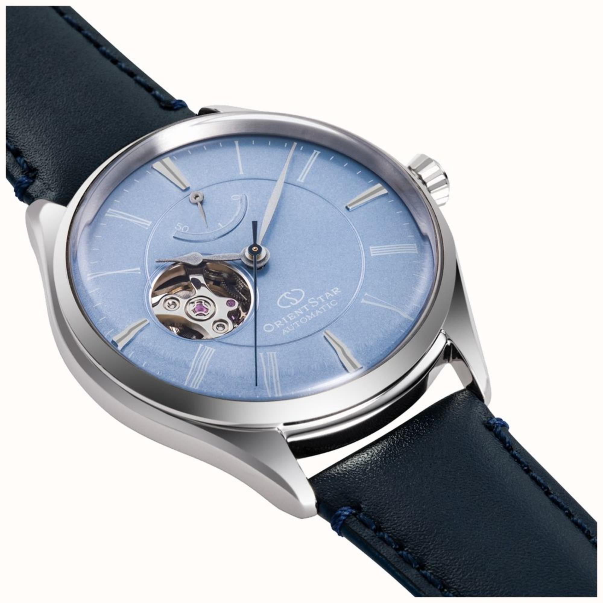 Orient Star Semi Skeleton 40mm Ex-Display Power Reserve Blue Dial Leather Mens Automatic Watch RE-AT0203L00B-EX