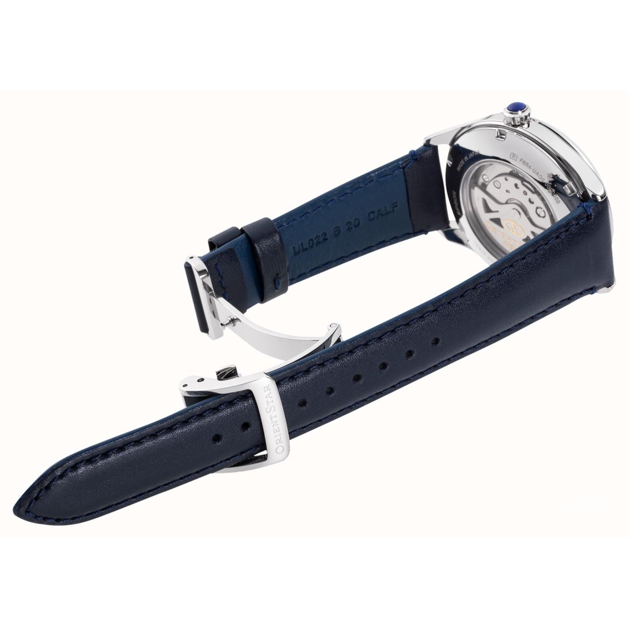 Orient Star Semi Skeleton 40mm Ex-Display Power Reserve Blue Dial Leather Mens Automatic Watch RE-AT0203L00B-EX