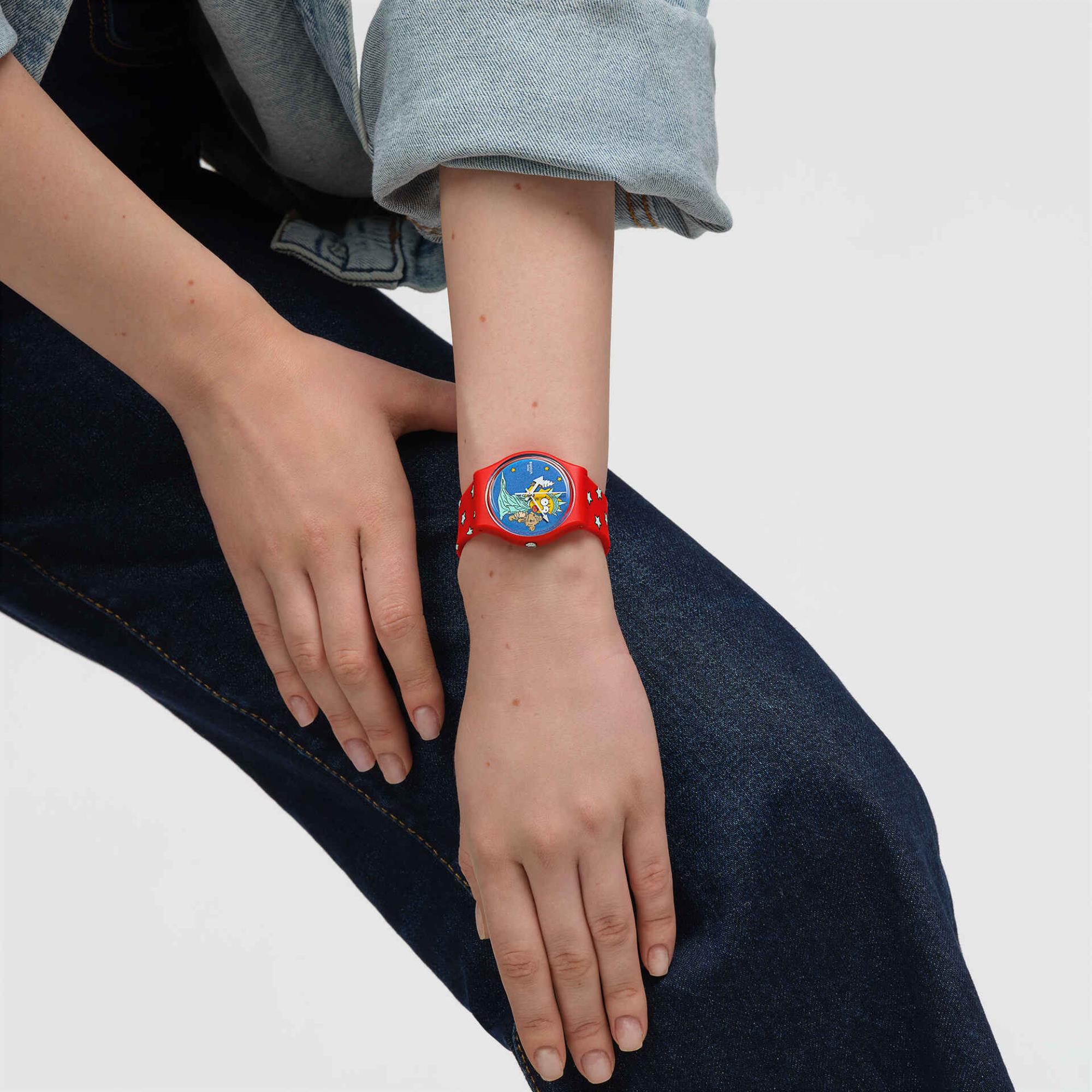 Swatch Little Lady Liberty Blue Dial Silicon Strap Watch SO28Z120