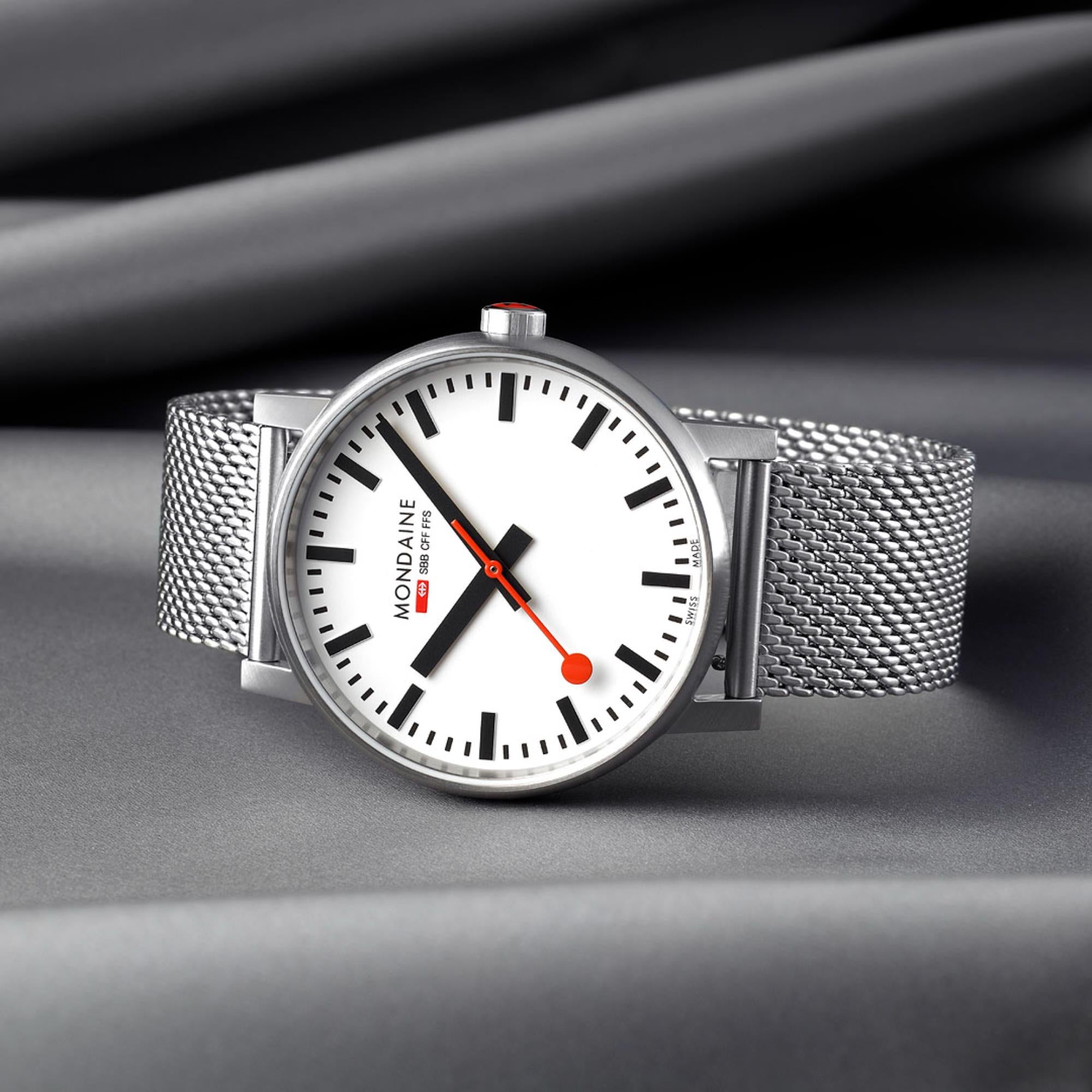 Mondaine evo2 White Dial Stainless Steel Mesh Watch MSE.43110.SJ