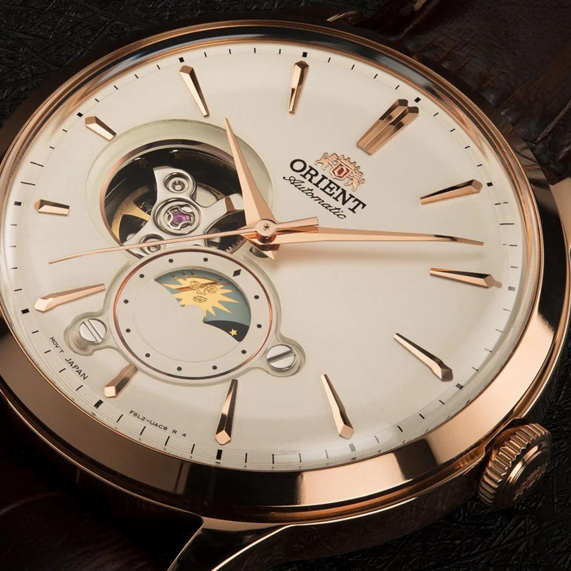 Orient Sun & Moon 42mm White Dial Leather Mens Automatic Watch RA-AS0102S30B