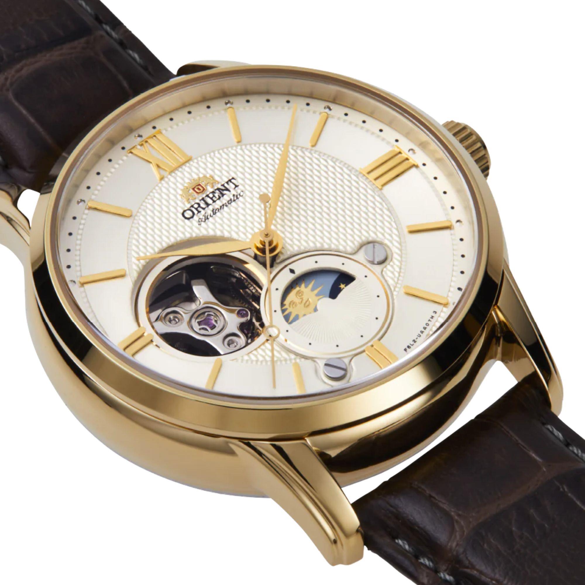 Orient Bambino 42mm Sun & Moon White Dial Leather Mens Automatic Watch RA-AS0010S30B
