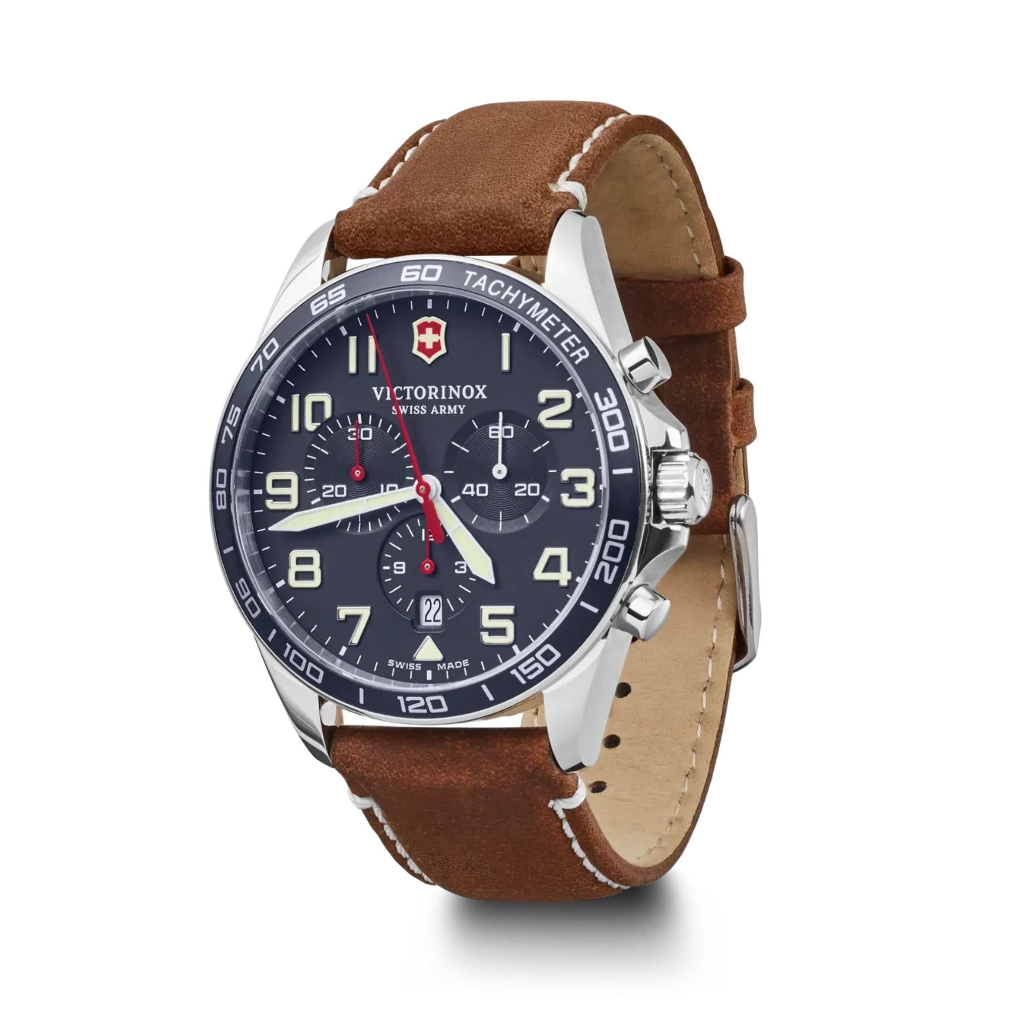 Victorinox FieldForce 42mm Chronograph Blue Dial Leather Mens Quartz Watch 241854