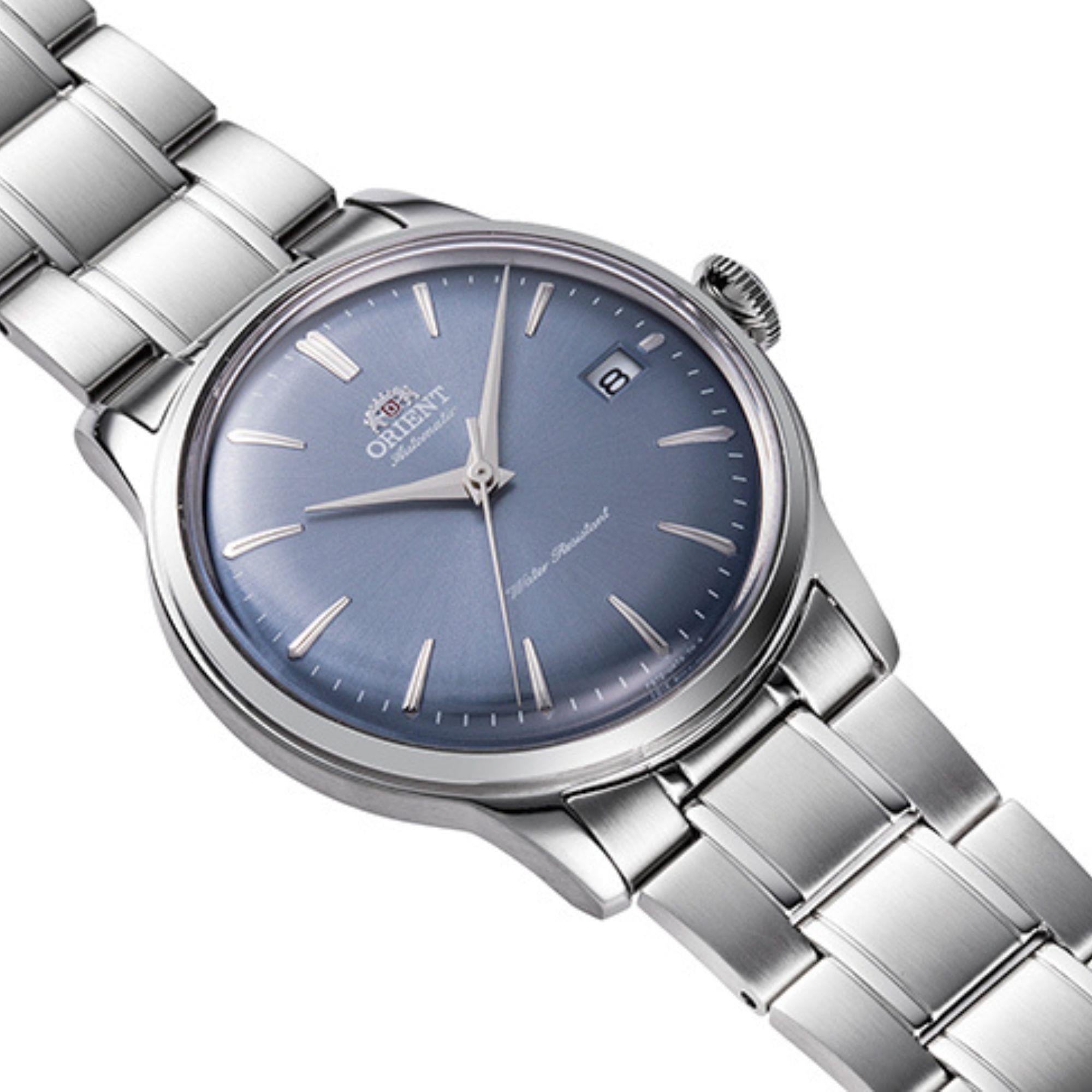 Orient Bambino RA-AC0M10L30B light blue dial with date display close-up