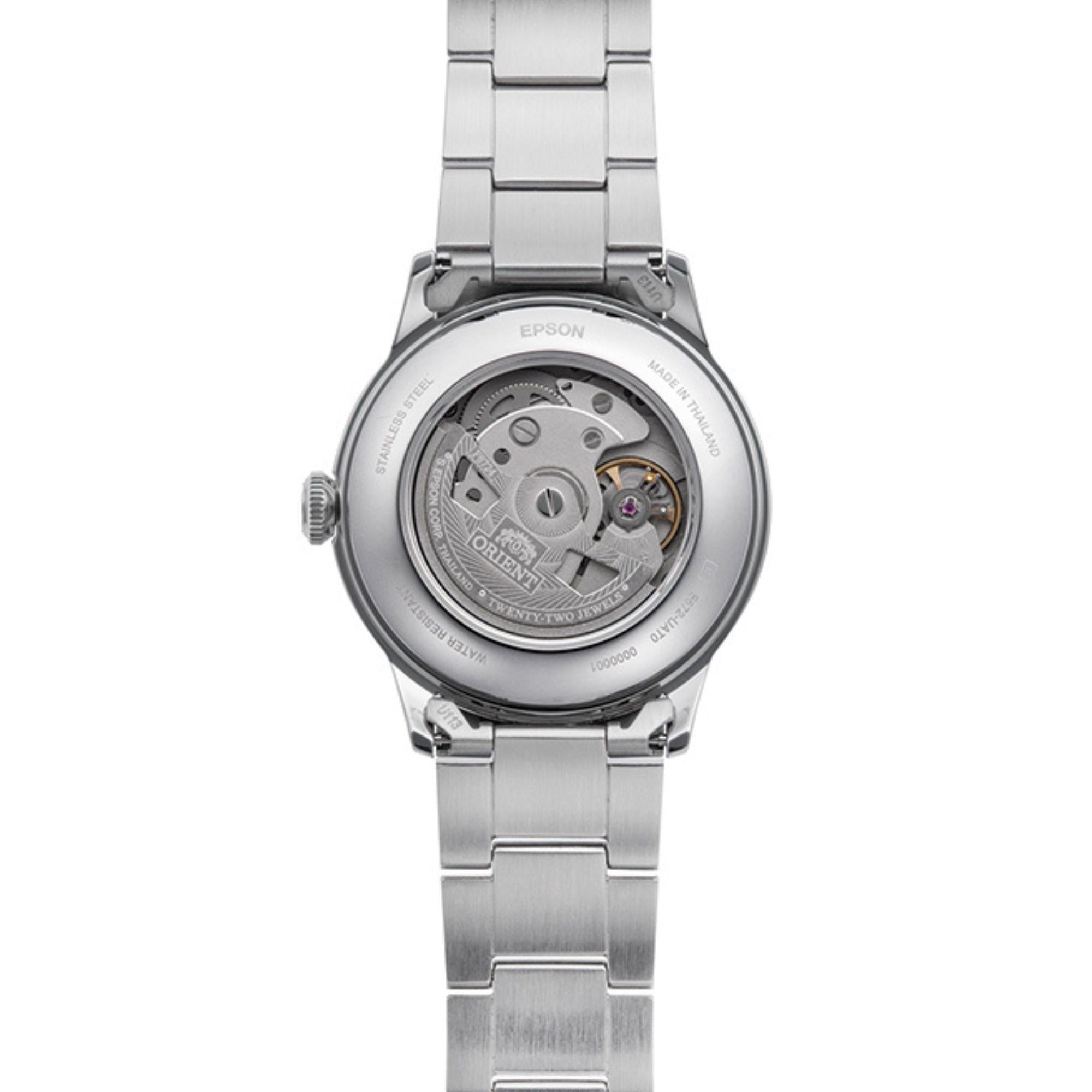 Transparent exhibition caseback showing the automatic movement of an Orient Bambino watch.