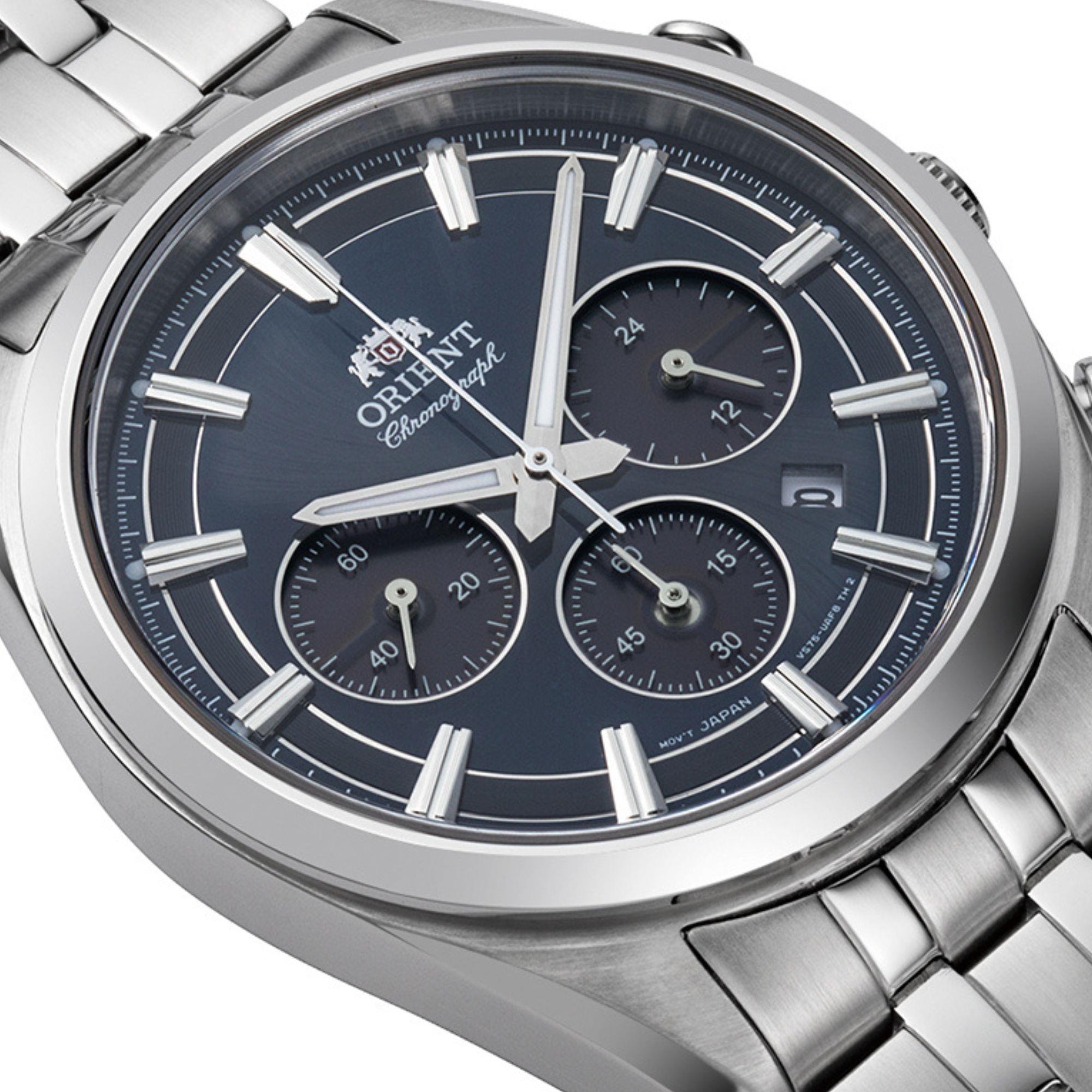 Orient Stretto 40mm Chronograph Navy Dial Steel Mens Solar Watch RA-TX0303L10B