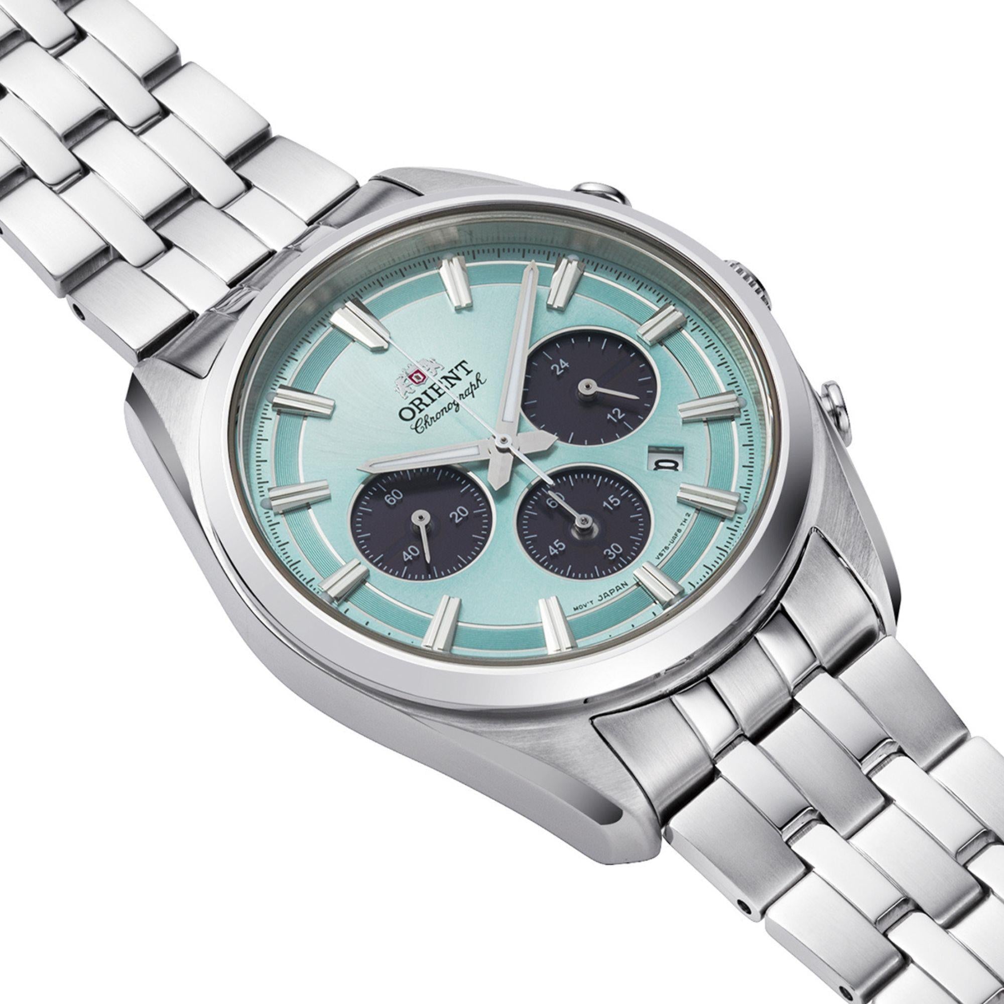 Orient Stretto 40mm Chronograph Blue Dial Steel Mens Solar Watch RA-TX0304L10B