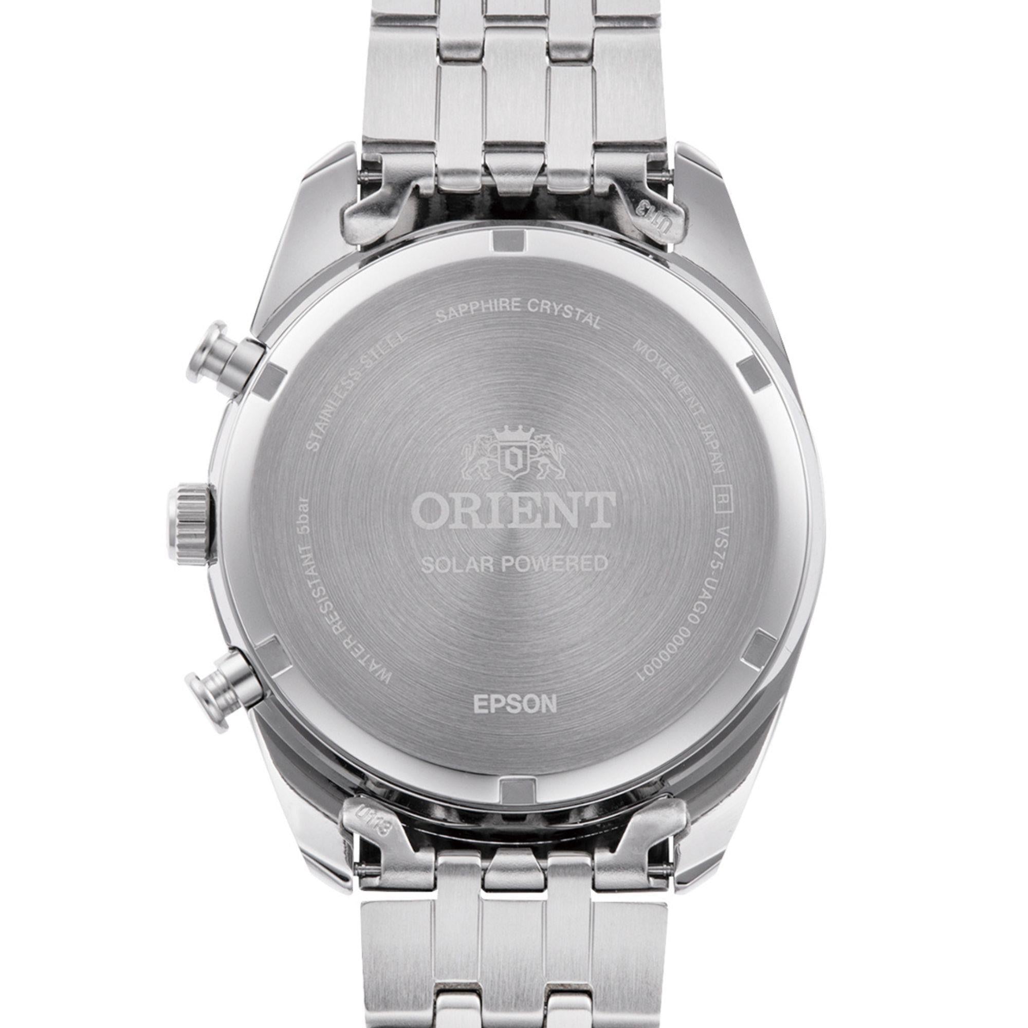 Orient Stretto 40mm Chronograph Blue Dial Steel Mens Solar Watch RA-TX0304L10B