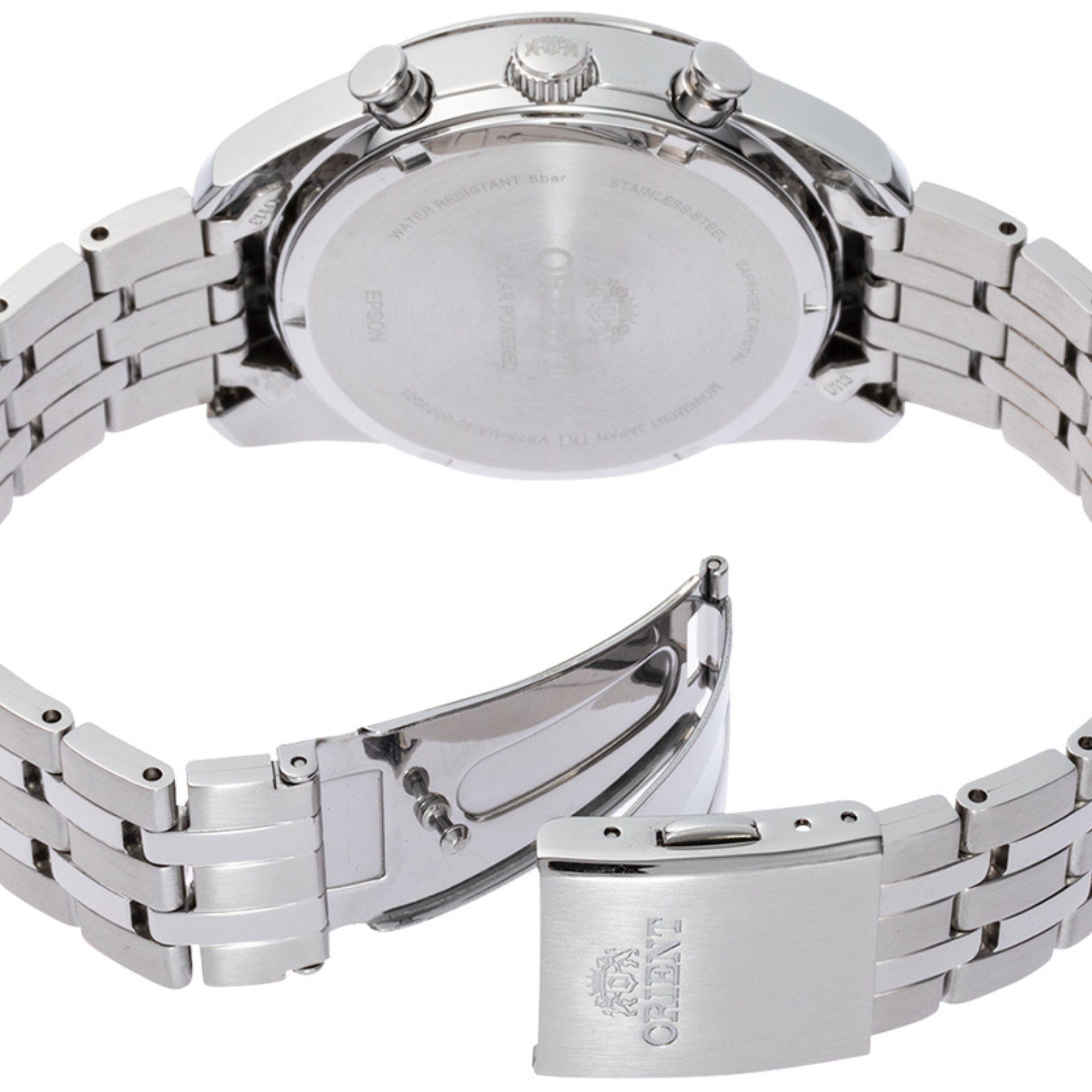 Orient Stretto 40mm Chronograph White Dial Steel Mens Solar Watch RA-TX0305S10B
