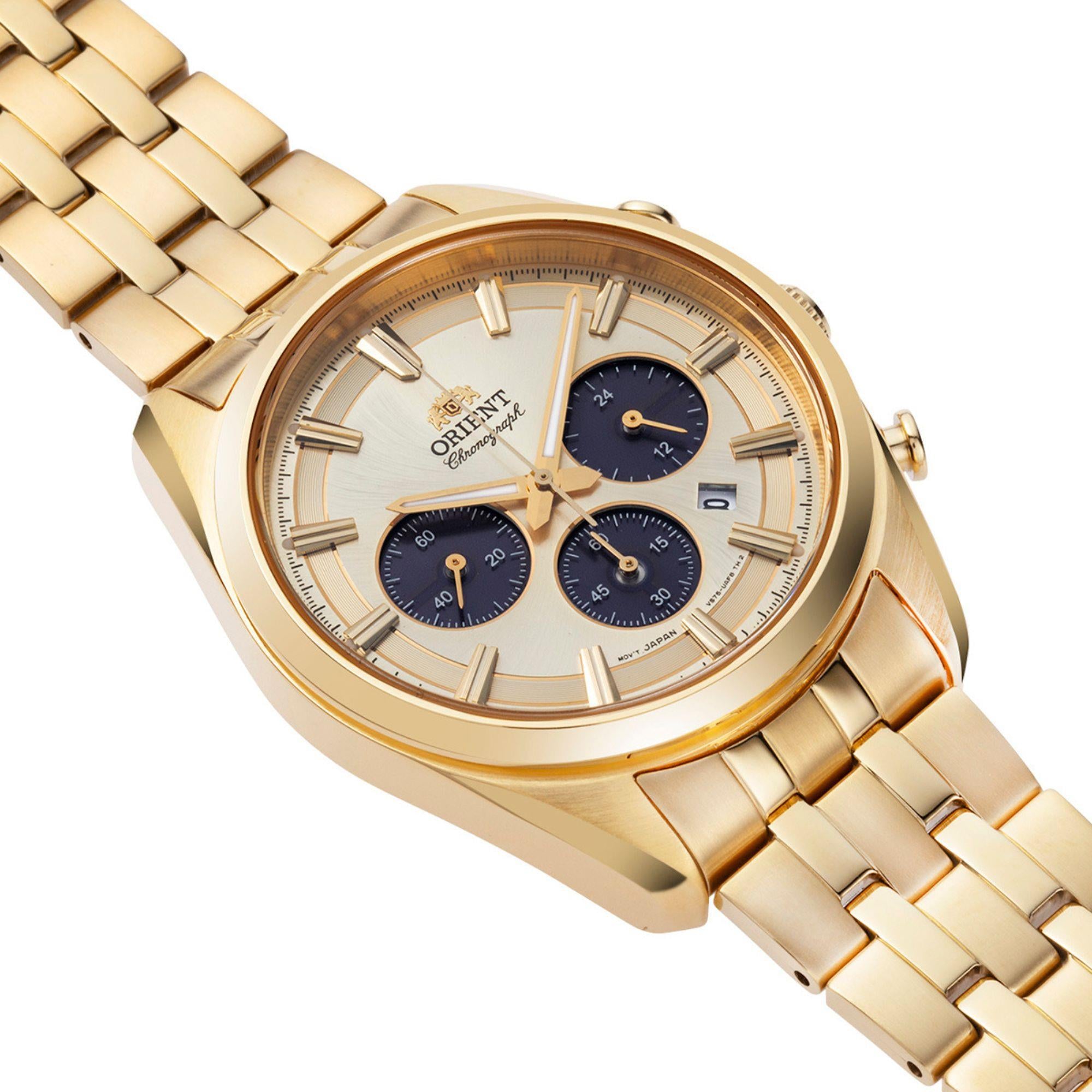 Orient Stretto 40mm Chronograph Champagne Dial Steel Mens Solar Watch RA-TX0301G10B