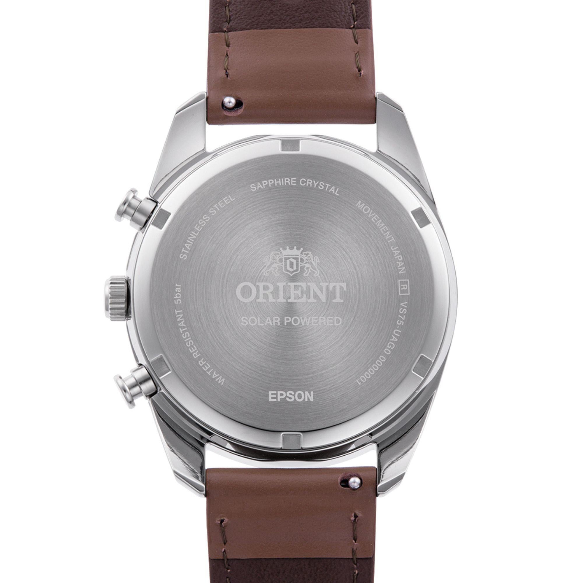 Orient Stretto 40mm Chronograph White Dial Leather Mens Solar Watch RA-TX0306S10B