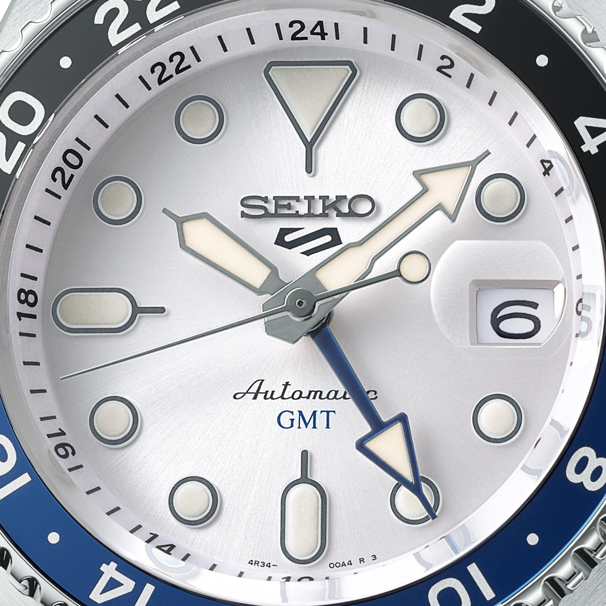 Seiko 5 Sports SKX GMT Himmelblau Silberne Wolke Automatik Weißes Zifferblatt Stahlarmband Herren Uhr SSK033K1