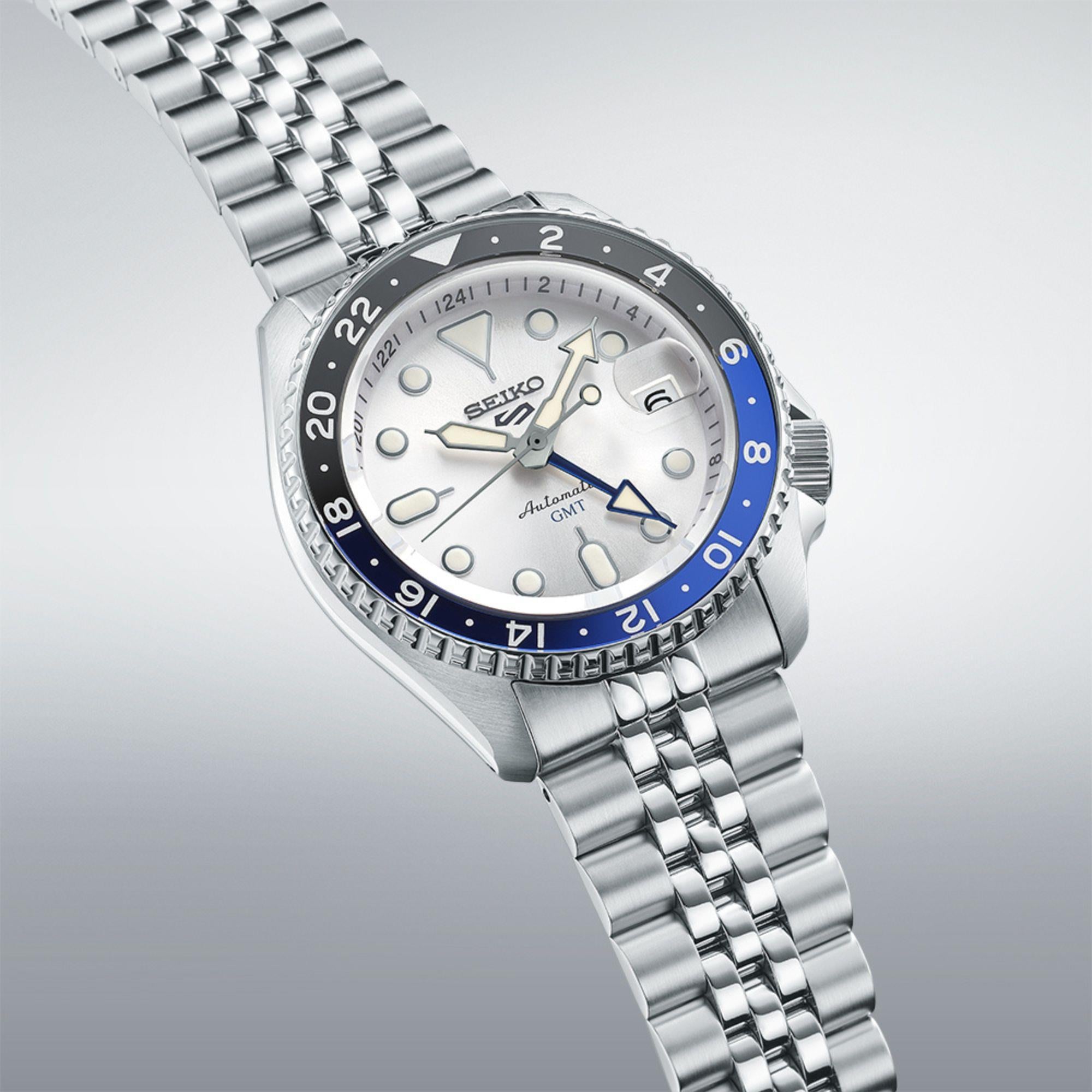 Seiko 5 Sports SKX GMT Himmelblau Silberne Wolke Automatik Weißes Zifferblatt Stahlarmband Herren Uhr SSK033K1