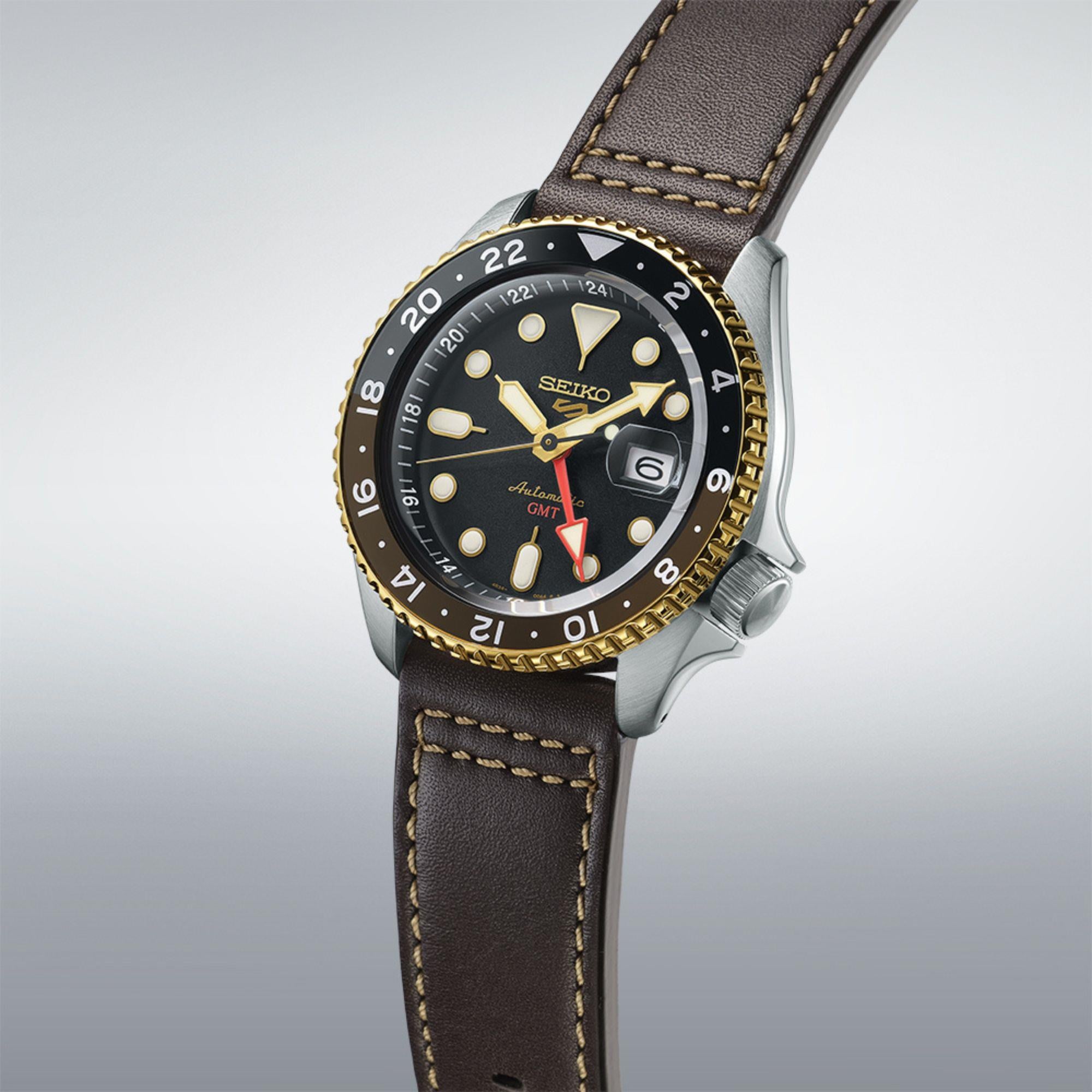 Seiko 5 Sports SKX GMT Mocha Automatik Schwarzes Zifferblatt Braunes Lederarmband Herren Uhr SSK036K1