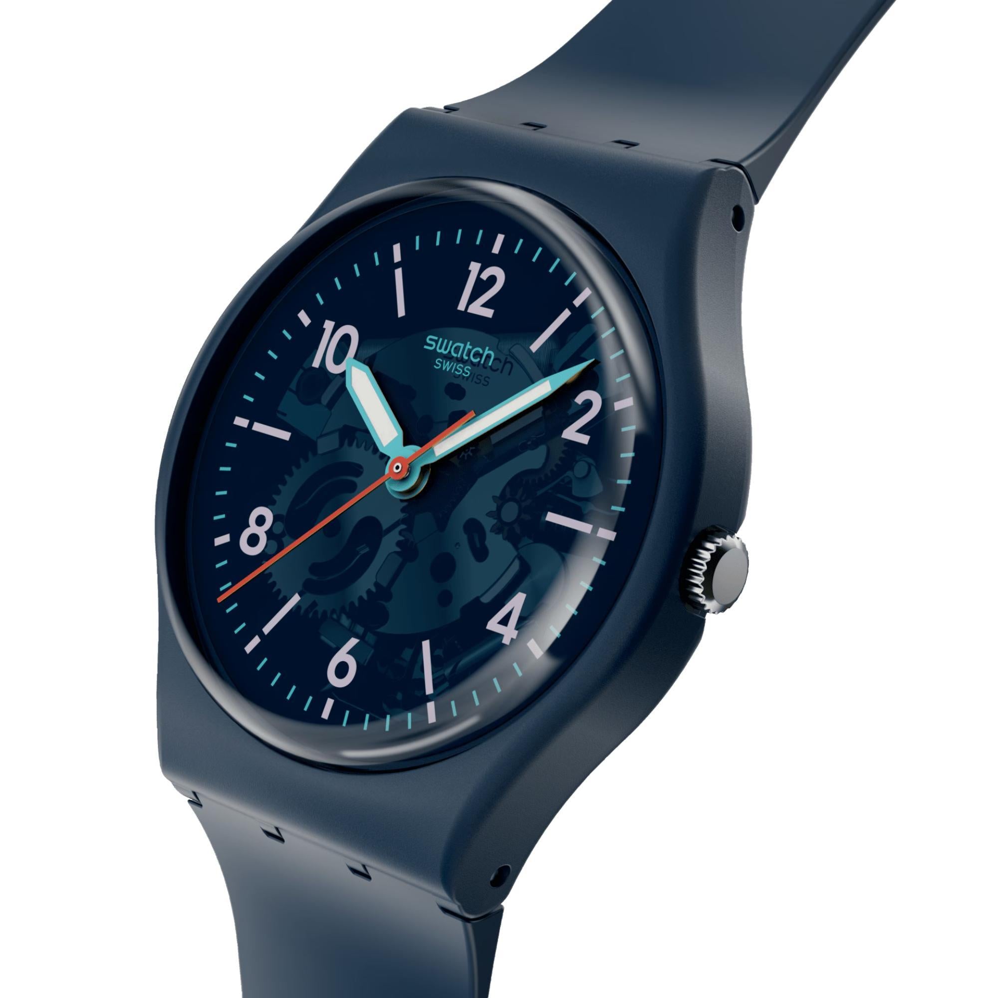 Swatch TIME TO TEAL Quarz Blaues Zifferblatt Biobasierte Uhr SO28N118